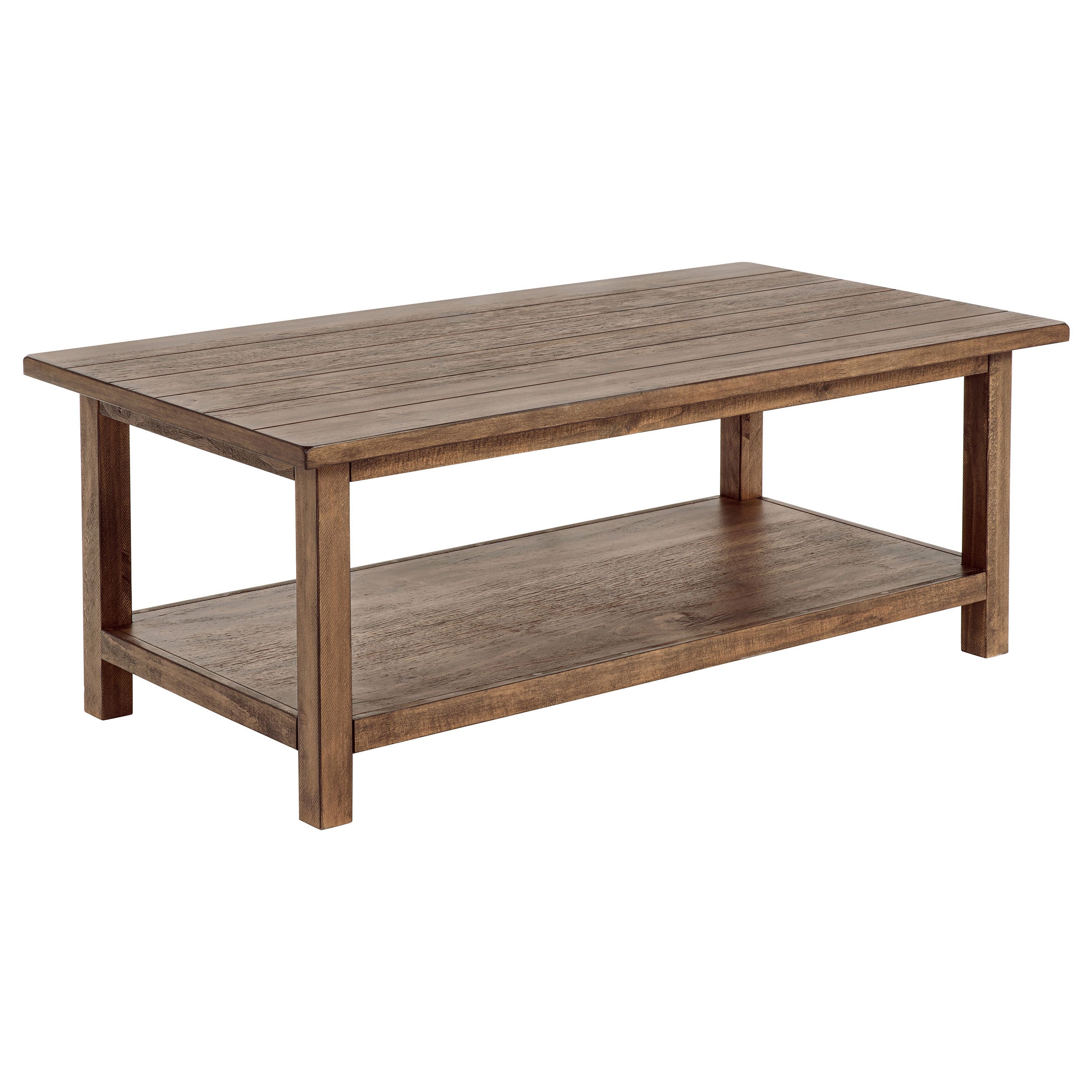 Castleton Rustic Distressed Brown Wood Coffee Table with Shelf in Modern Farmhouse Style