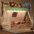 Full Size House Floor Bed with Tent and Light, Solid Wood Teepee Floor Bed with Full-length Guardrails, Montessori and Childlike Design,Natural+Green