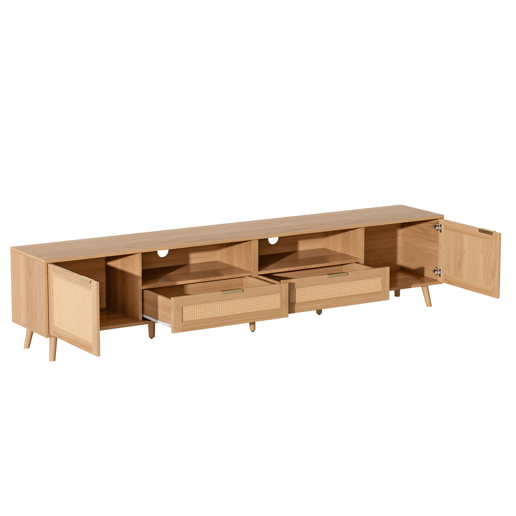Modern Farmhouse Rattan TV Stand for TVs up to 90'', Solid Wood Legs Media Console with MDF Cabinet, Wooden Entertainment Center in Natural Wood Finish, 86.6'' L