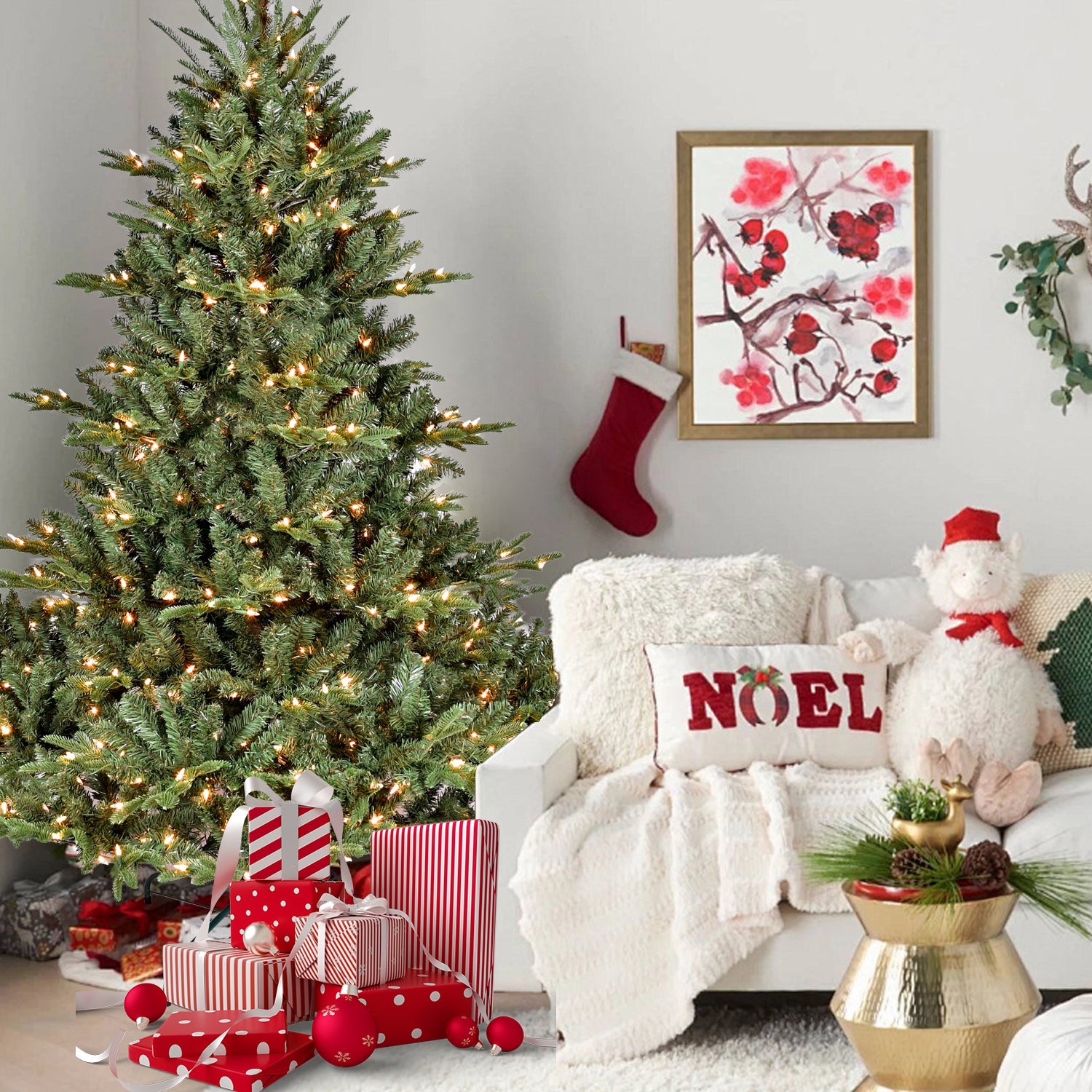 5FT Full-Shape Christmas Tree with 350 UL Lights – PE/PVC Mixed Branches, 1129 Tips, Wide Base for Spacious Areas, Hinged Structure, Stable Metal Stand