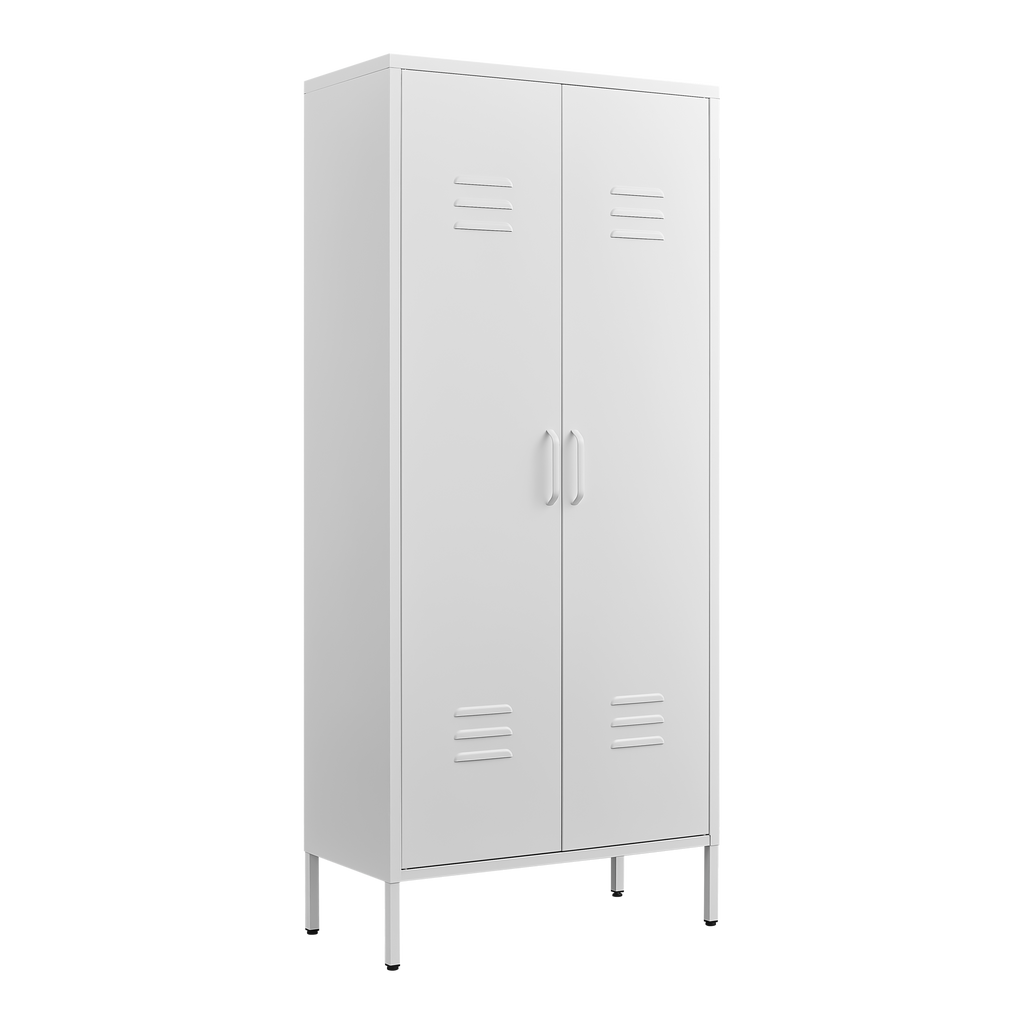 Modern Storage Cabinet with Adjustable Shelves, Magnetic Door Stopper, Aluminum Alloy Handles, and Breathable Design in White Metal - 63 x 27.5 x 13.8 inches