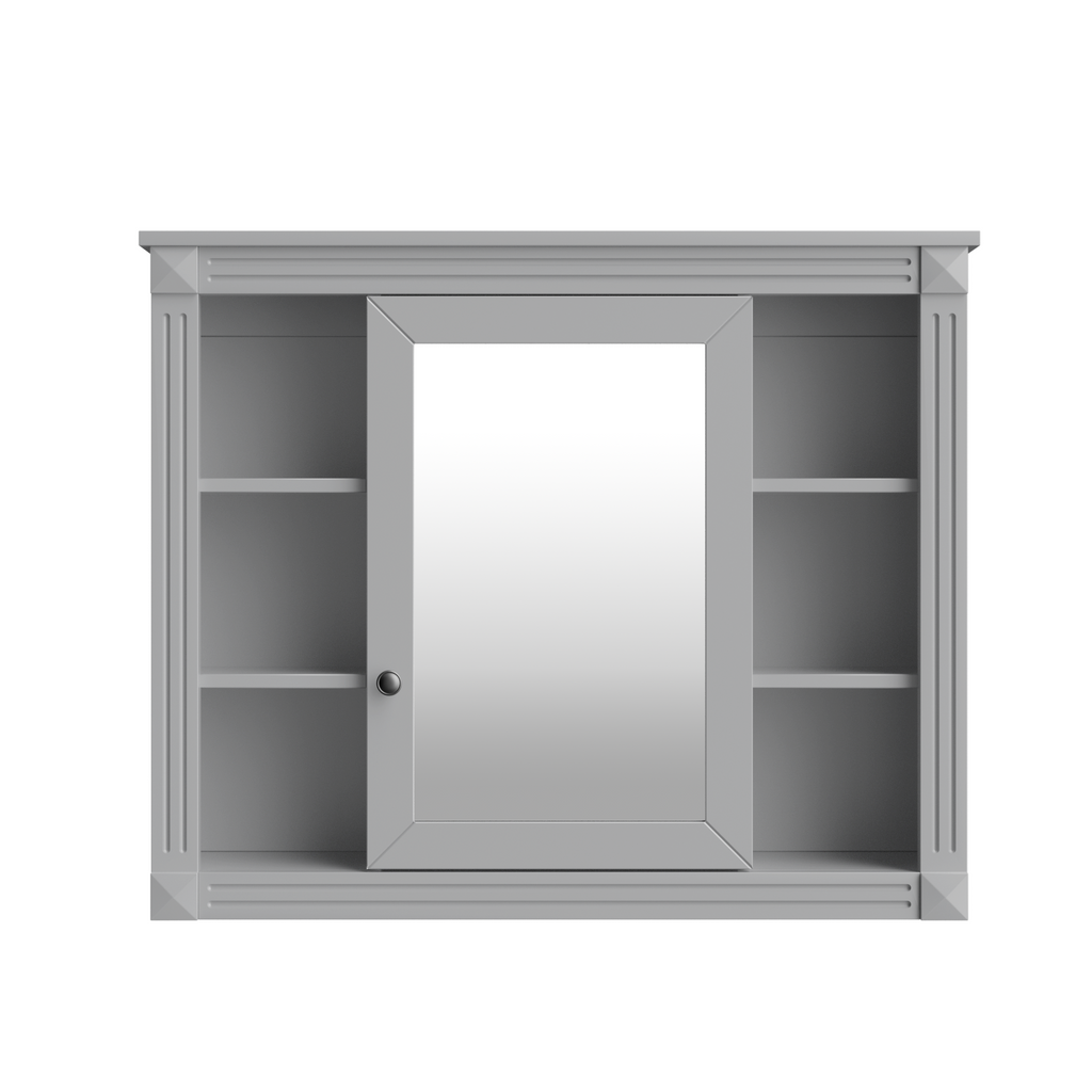 Modern Grey Wall Mounted Bathroom Storage Cabinet with Mirror, 35'' x 28'' MDF Medicine Cabinet with 6 Open Shelves and Adjustable Interior, Wall-Mounted Design