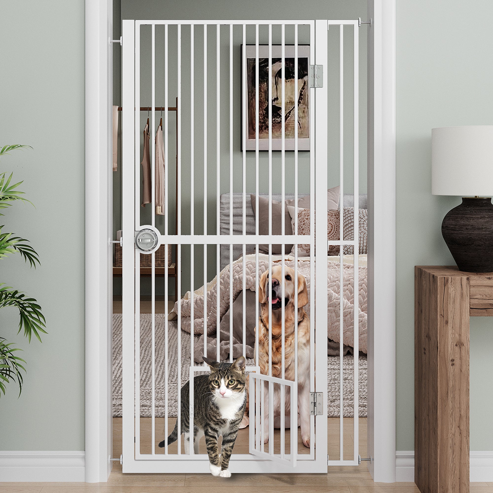61' Extra Tall Cat Gate for Doorway , Adjustable Wide 34.3'-36.7' and included 4.13' extension kits, Suitable for Doorways or Kitchen, No Drilling Pressure Mount Kit, White