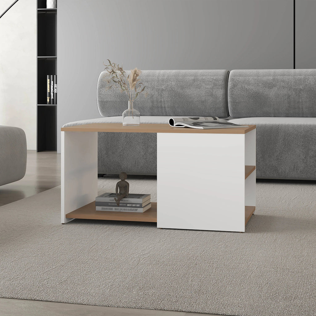 White and Natural Oak Coffee Table with Open Storage and Conical Legs