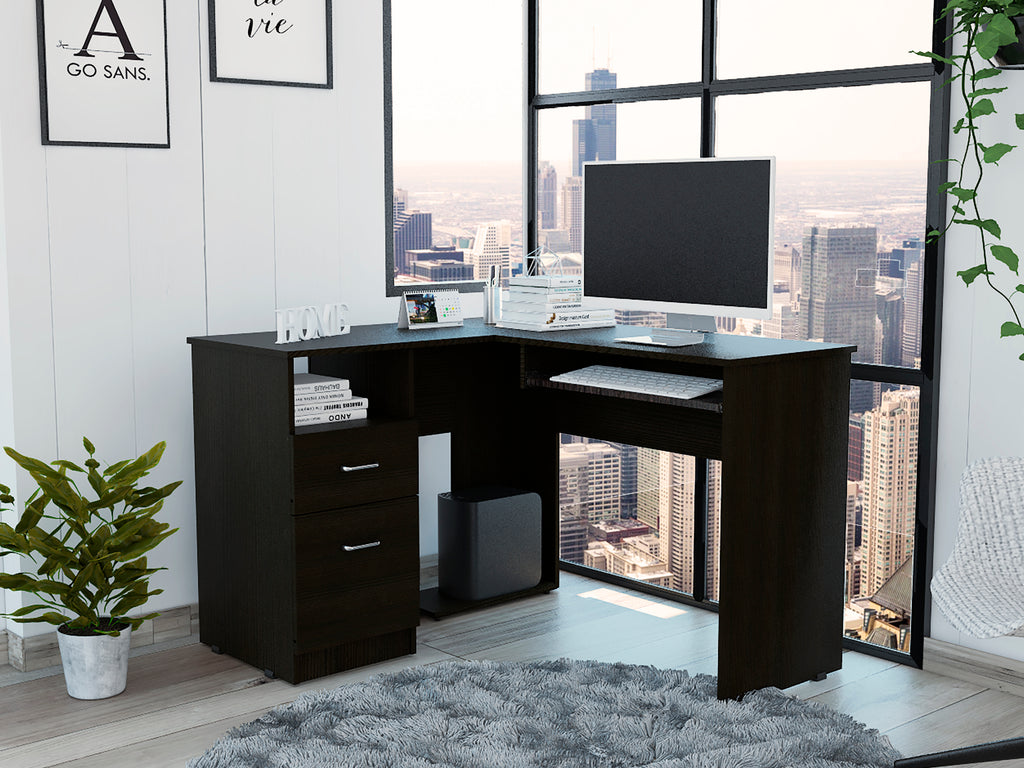 Mix L-Shaped Desk, Keyboard Tray, Two Drawers, Single Open Shelf -Black