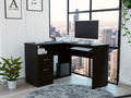 Mix L-Shaped Desk, Keyboard Tray, Two Drawers, Single Open Shelf -Black