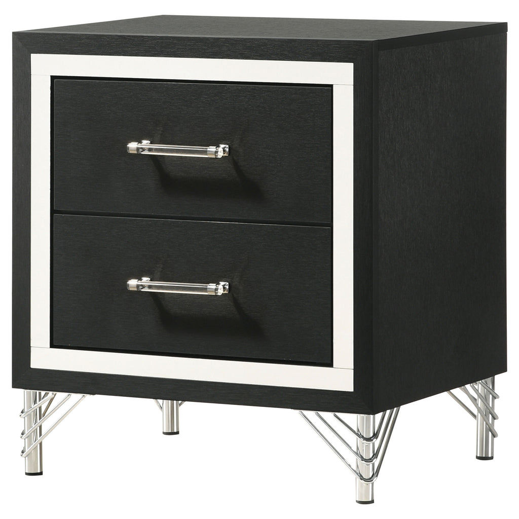 Malcolm Black 2-Drawer Nightstand with Chrome Trim and Acrylic Accents in Black Finish, Engineered Wood