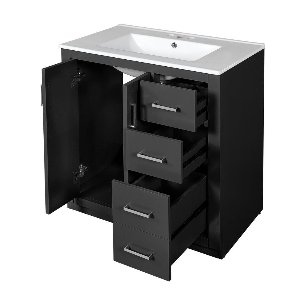 Retro Style 30'' Bathroom Vanity with Ceramic Sink, Solid Wood Frame Storage Cabinet, Freestanding Set with 3 Drawers & Soft Closing Doors in Black