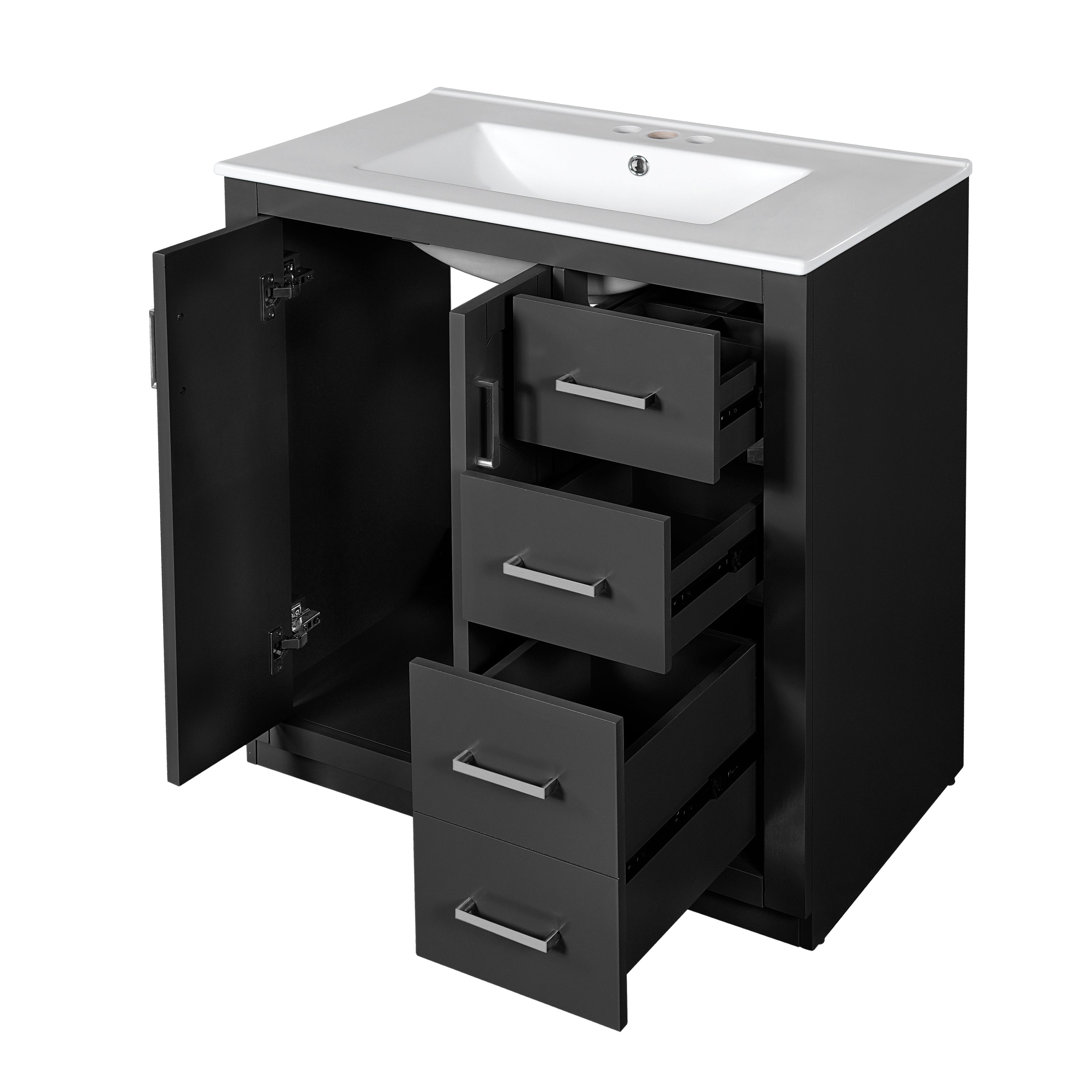 Retro Style 30'' Bathroom Vanity with Ceramic Sink, Solid Wood Frame Storage Cabinet, Freestanding Set with 3 Drawers & Soft Closing Doors in Black