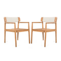 Creative Braided Acacia Wood Outdoor Dining Table and Chairs with Armrests, Teak Look & White Rope, Set of 2