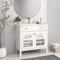 35.6' Mid-Century Bathroom Vanity Sink with Patterned Glass & Motion-sensor Light Strip, Farmhouse Freestanding Bathroom Vanity Sink with Storage, High-end Restroom Vanity Cabinet,White