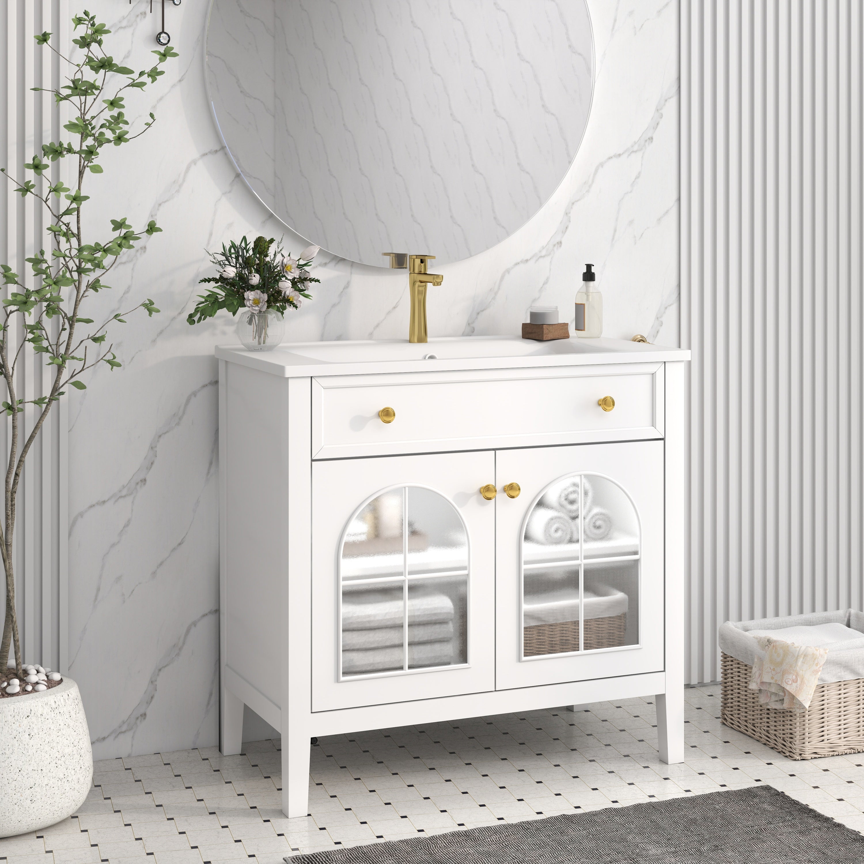 35.6' Mid-Century Bathroom Vanity Sink with Patterned Glass & Motion-sensor Light Strip, Farmhouse Freestanding Bathroom Vanity Sink with Storage, High-end Restroom Vanity Cabinet,White