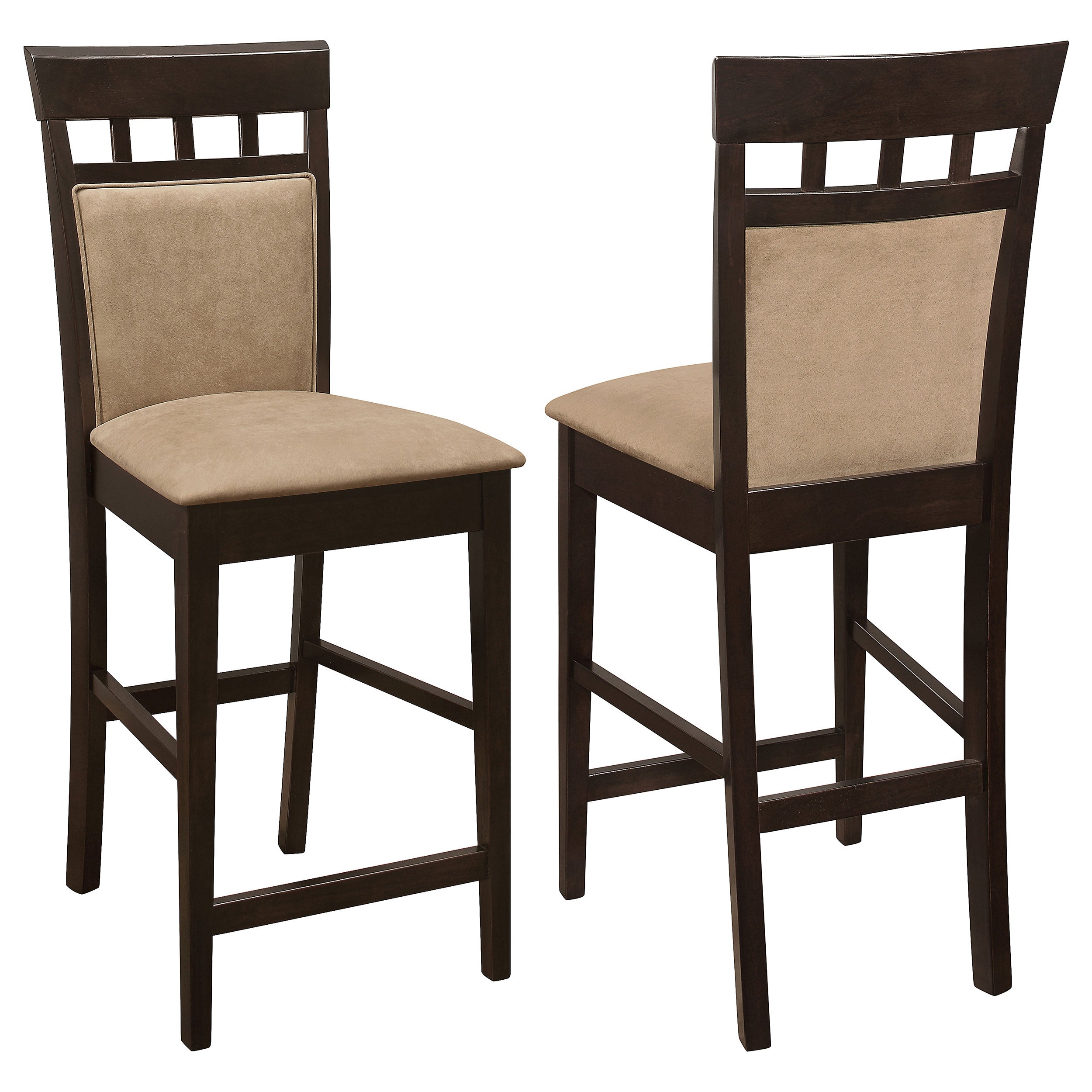 Beige and Cappuccino Upholstered Counter Height Stools Set of 2 with Cappuccino Finish and Microfiber Fabric