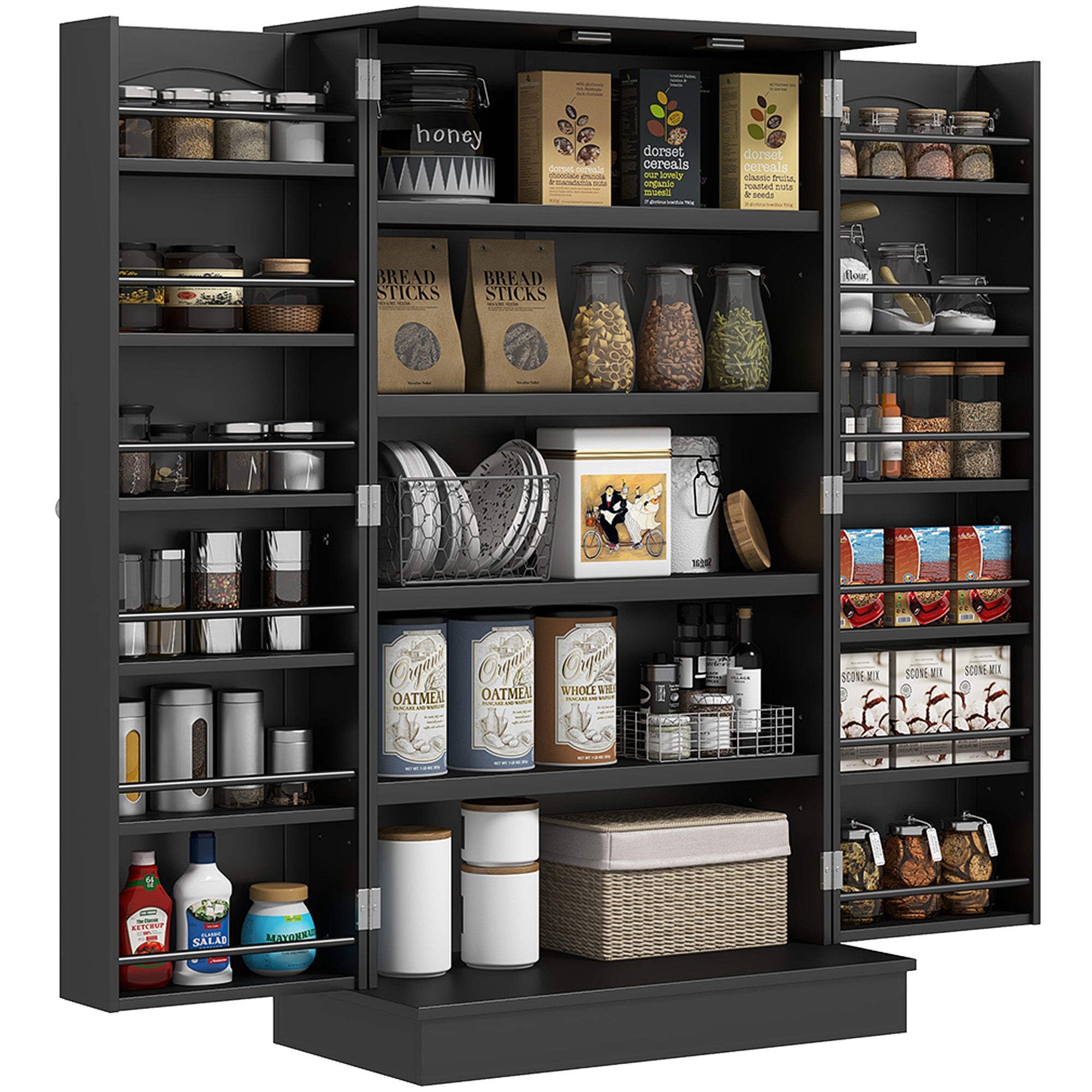 HOMCOM 41' Kitchen Pantry Storage Cabinet, Freestanding Kitchen Cabinet with 12 Door Shelves, Double Doors, 5-tier Shelving and Adjustable Shelves, Black