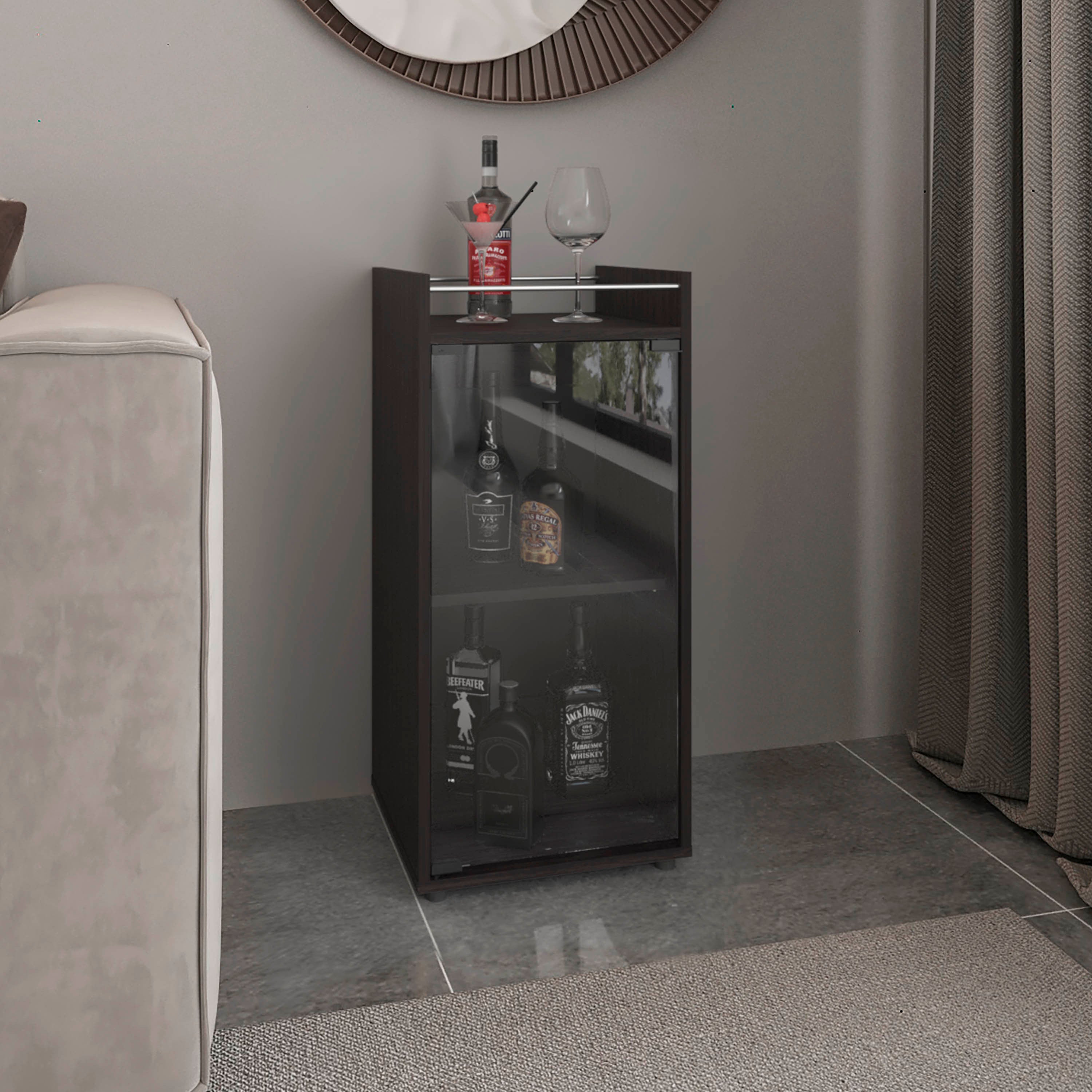 Theba Minibar Cabinet 2 Doors, Open Shelf And Compact Design, Modern Bar Storage, Black