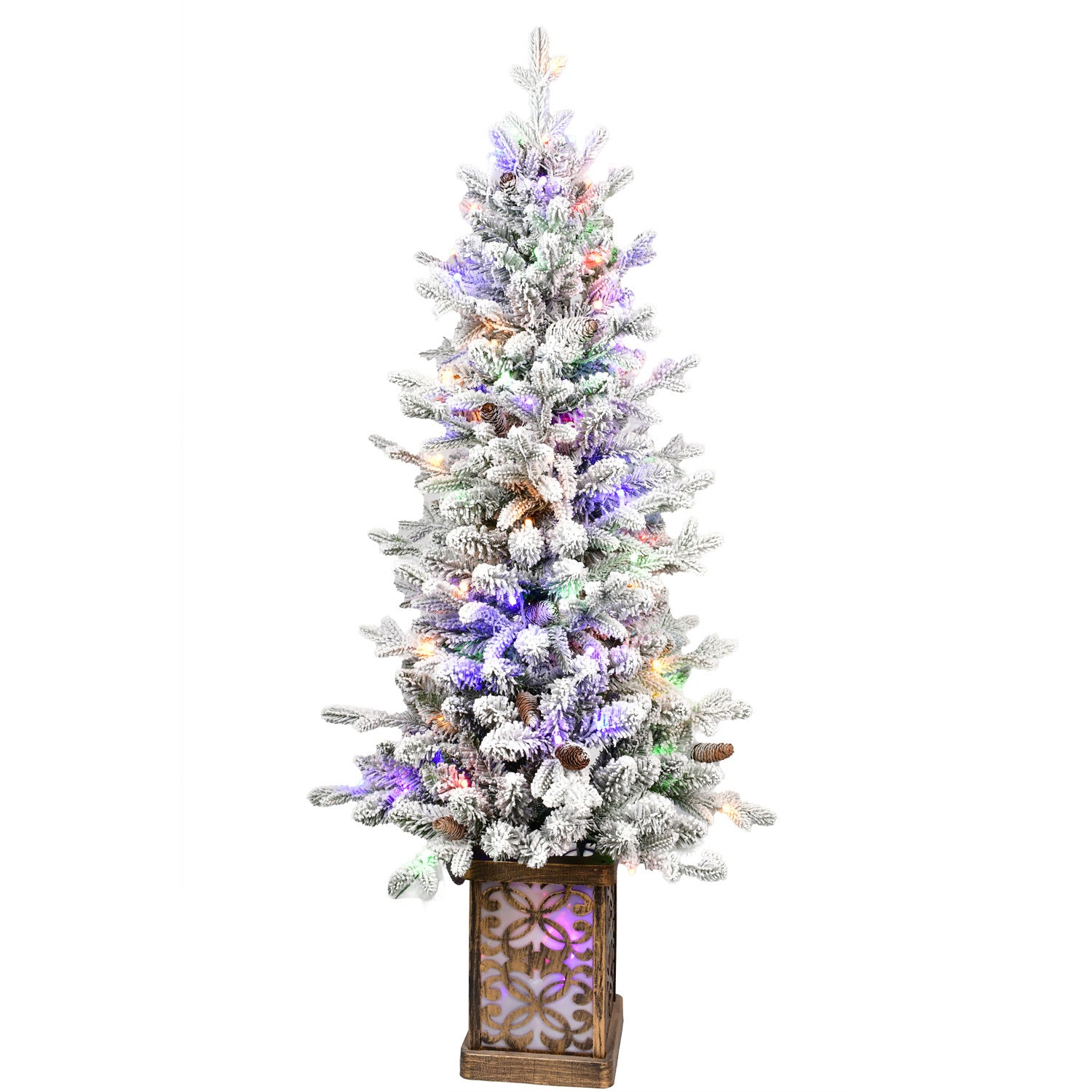 4FT Flocked Christmas Tree with Multicolour LED Lights, 396 Tips, Glitter Base, 100 Lights, PE/PVC Tips with Pine Cones – Light-Up Colorful Basin, Easy Assembly Holiday Decor