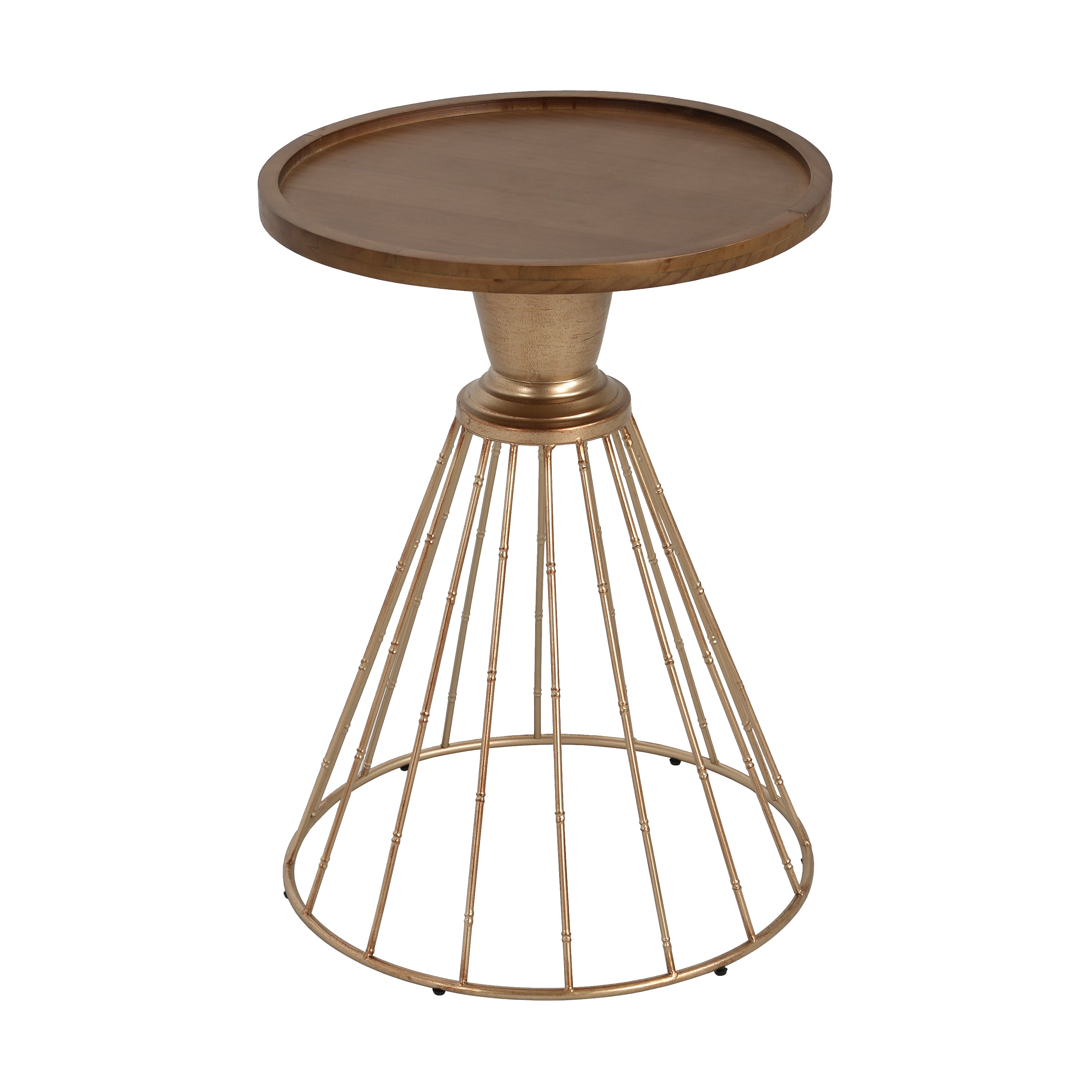 Hollow Edge Retro Art Pine Side Table with Antique Gold and Natural Color, Iron and Pine Construction, 18-Inch Diameter