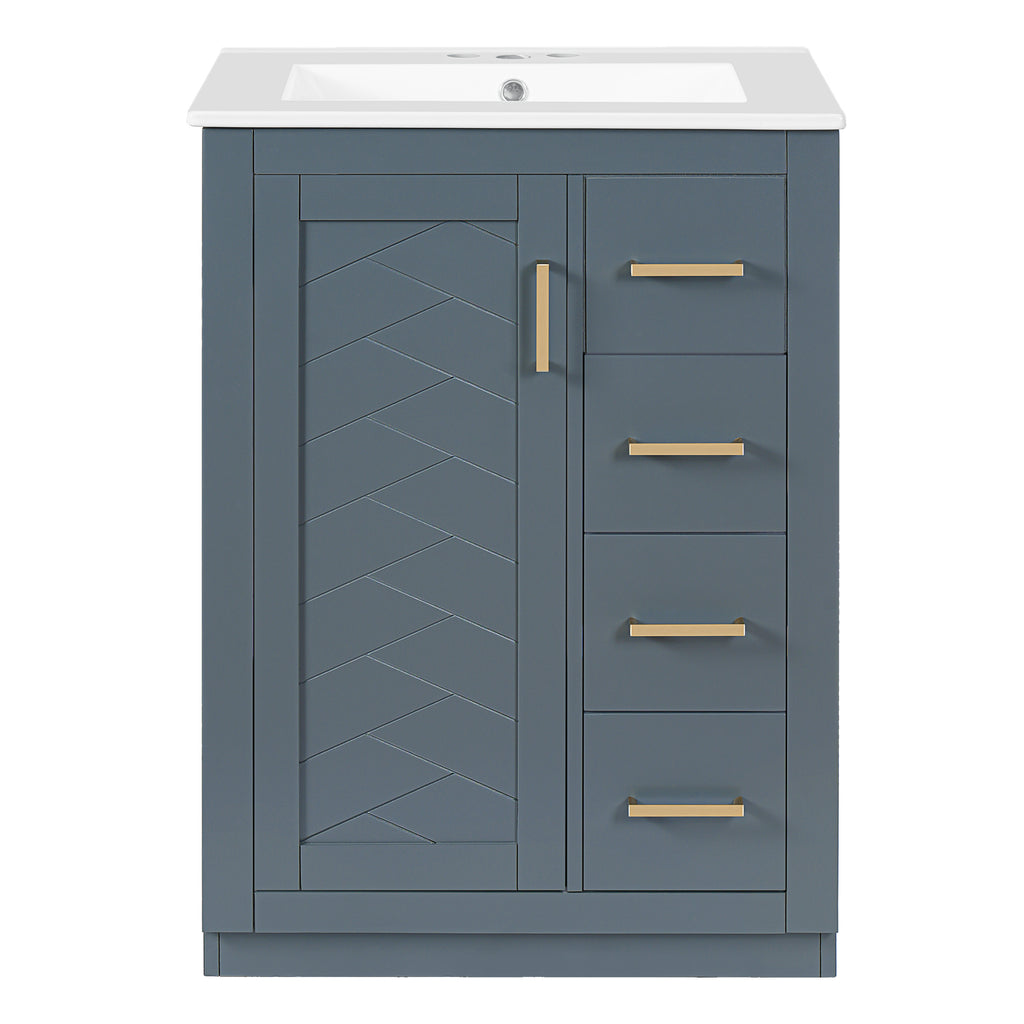 Modern Blue 24' Bathroom Vanity with Integrated Ceramic Sink, 1 Door 3 Drawers Cabinet for Small to Medium Bathrooms