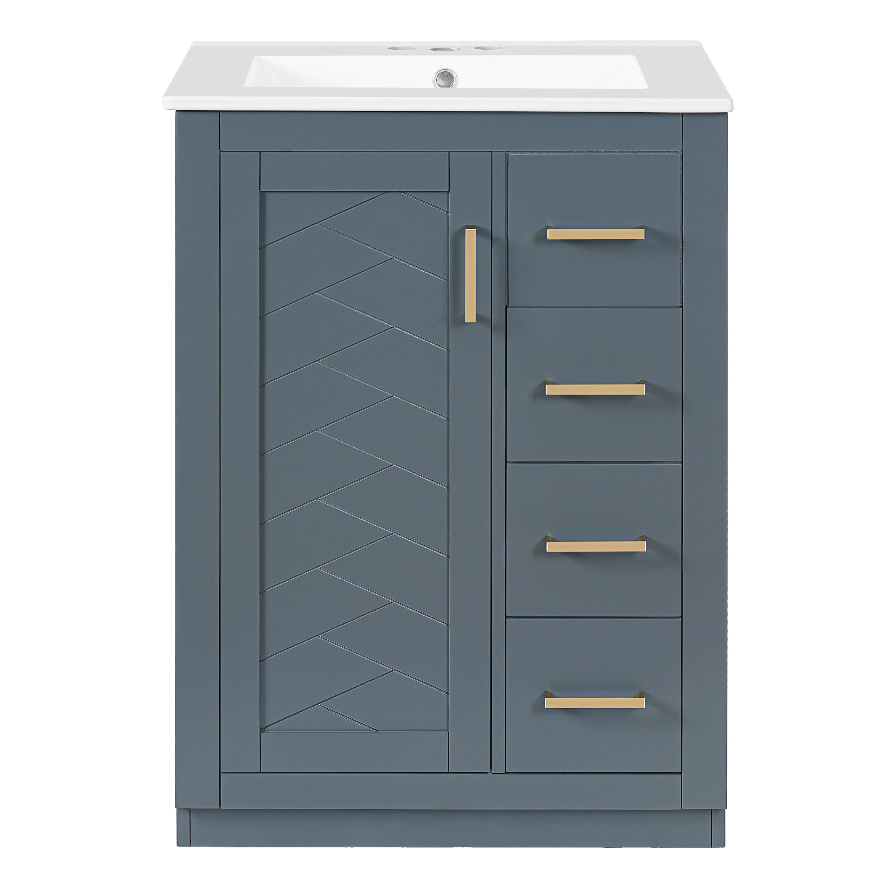 Modern Blue 24' Bathroom Vanity with Integrated Ceramic Sink, 1 Door 3 Drawers Cabinet for Small to Medium Bathrooms