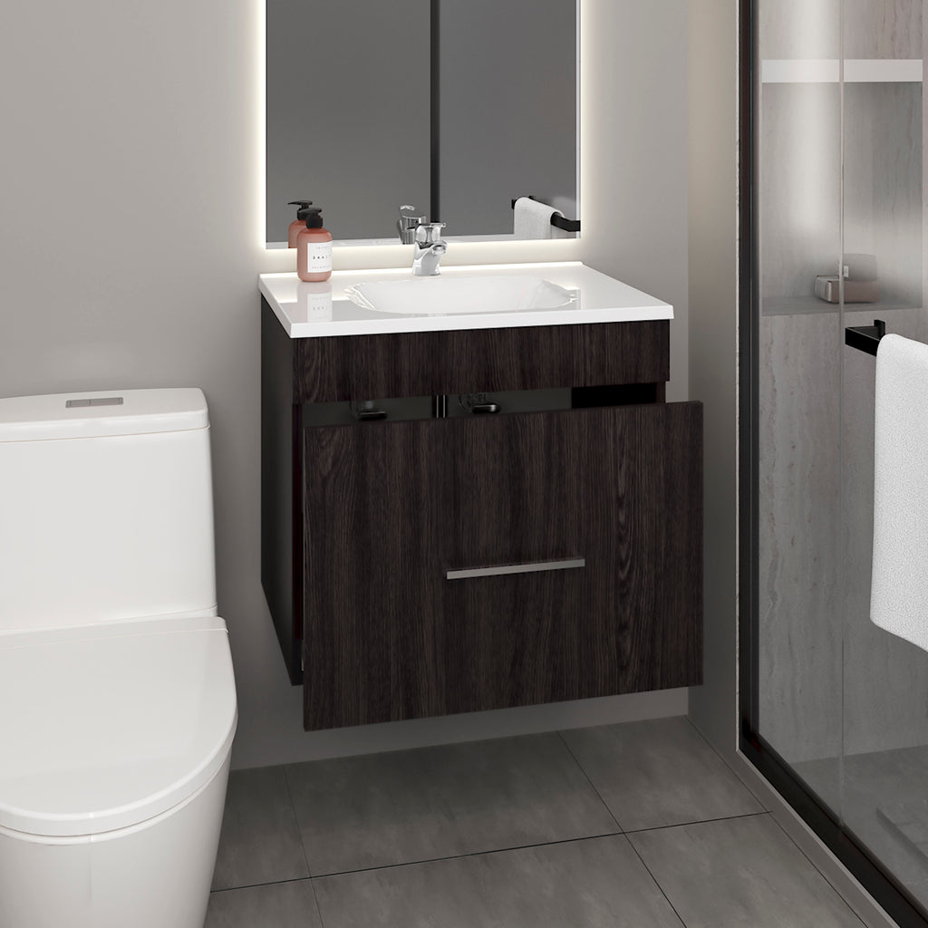 One door Batroom Vanity Hatta, Two Drawers and Open Shelf, Includes Hardware, Black