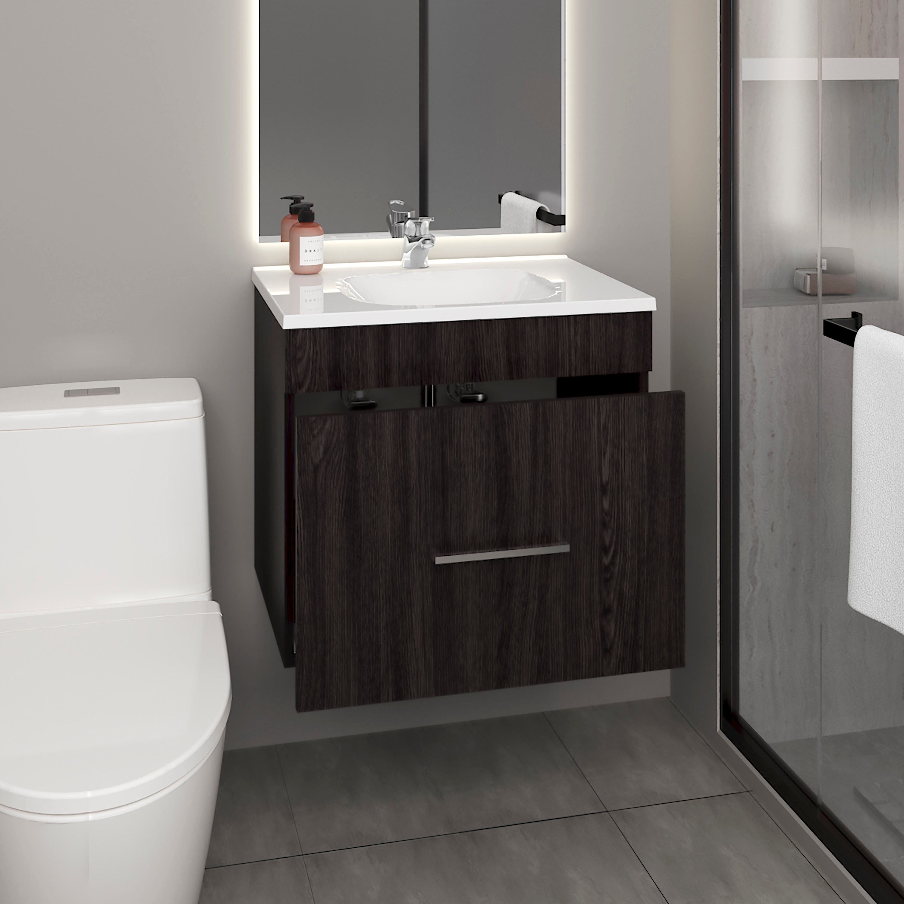 One door Batroom Vanity Hatta, Two Drawers and Open Shelf, Includes Hardware, Black