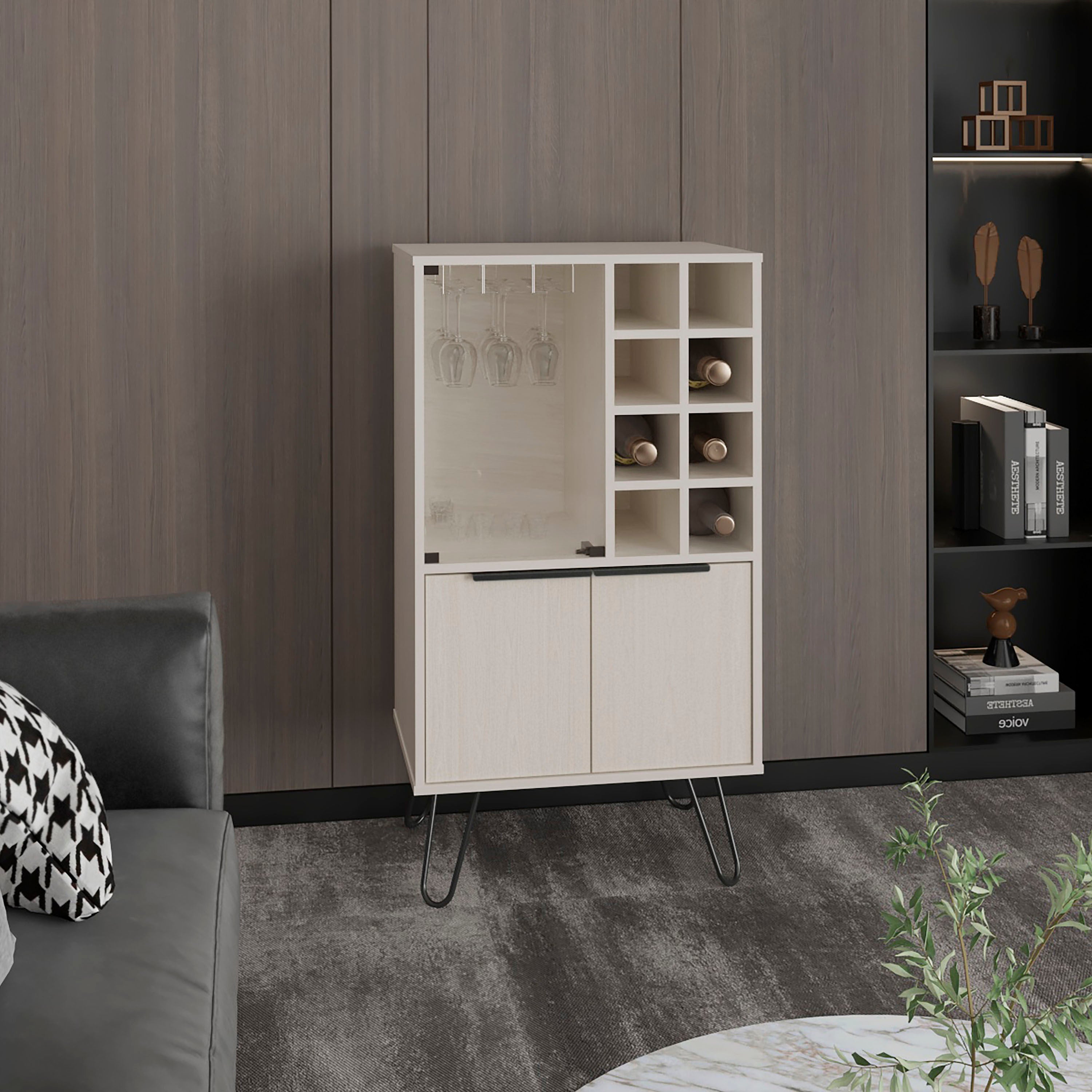 Aster 23' Wide Double Door Bar Cabinet and Glass door comparment, Eight bottle cubbies and stemware