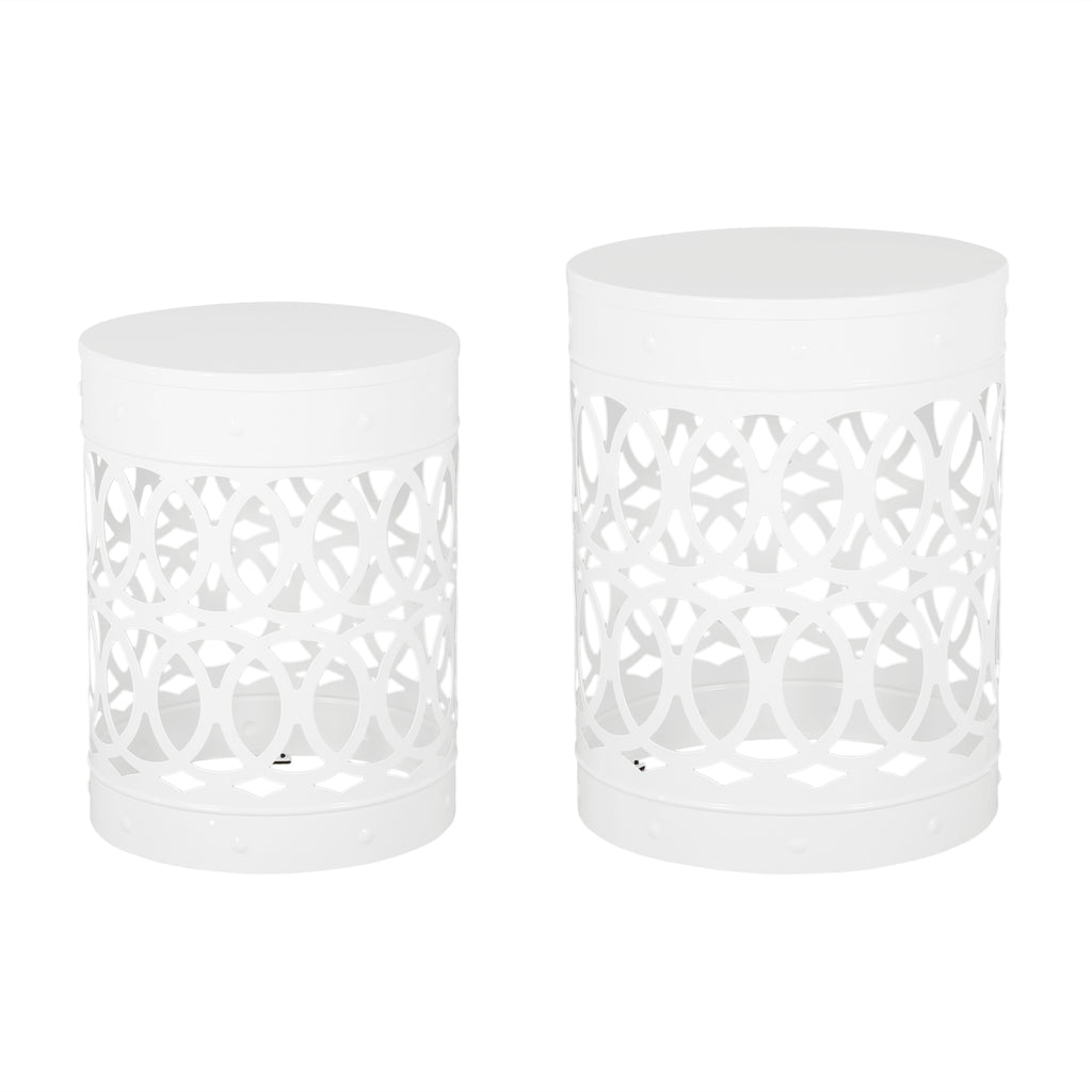 Modern Outdoor Metal End Table Set of 2 with Cylindrical Design in White Iron