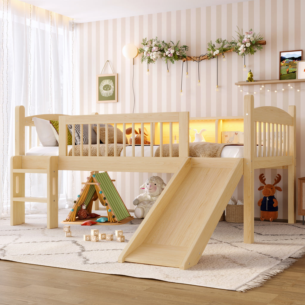 Twin Loft Bed with Storage Shelves, Solid Wood Lower Loft Bed with LED Lights and Full-length Guardrails, No Box Spring Needed,  Natural