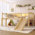 Twin Loft Bed with Storage Shelves, Solid Wood Lower Loft Bed with LED Lights and Full-length Guardrails, No Box Spring Needed,  Natural