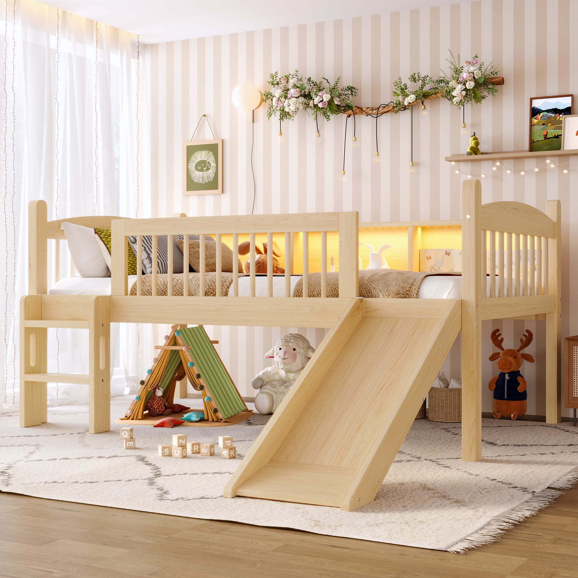 Twin Loft Bed with Storage Shelves, Solid Wood Lower Loft Bed with LED Lights and Full-length Guardrails, No Box Spring Needed,  Natural