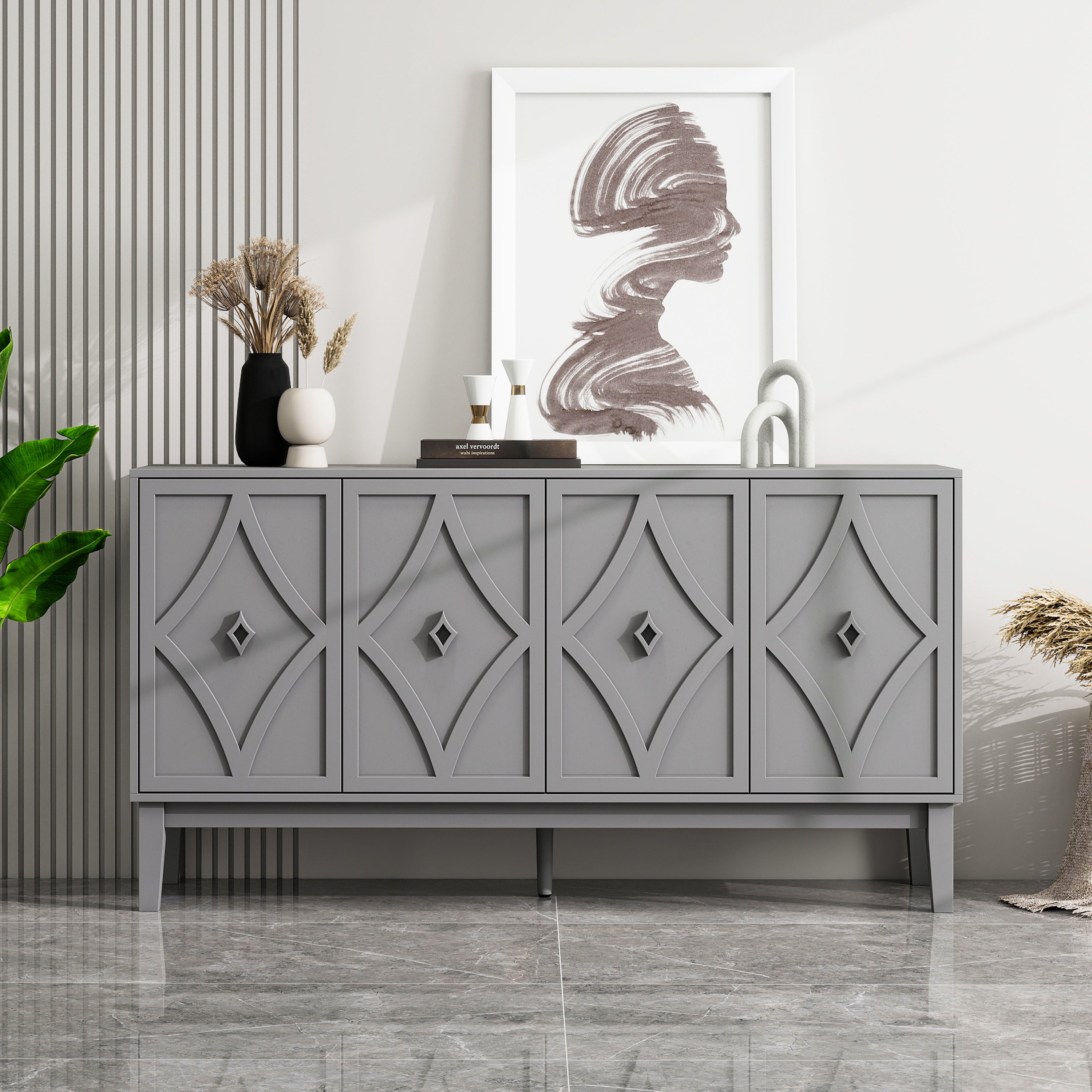4 doors cabinet Vintage Storage Cabinet with Hand-Carved Geometric Doors, Adjustable Shelves, Black Oak Finish, Raised Legs for Easy Cleaning, Sideboard Buffet Cabinet for Living Room & Dining Room