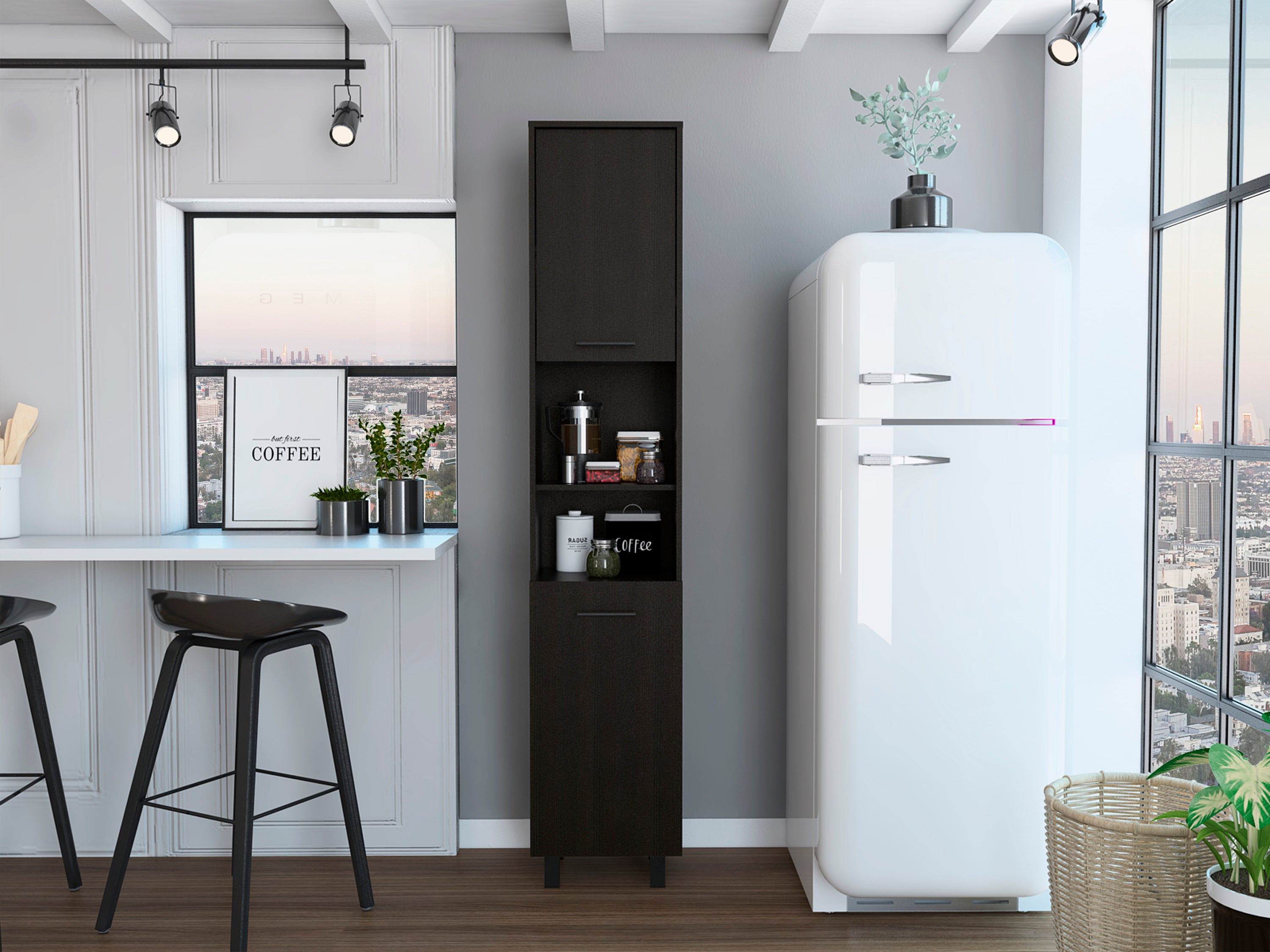 Hobart Pantry, Three Interior Shelves, Two Shelves, Two Cabinets -Black