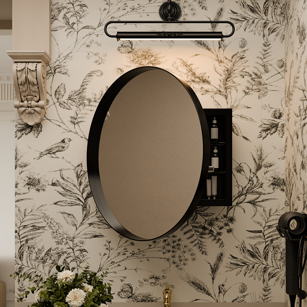 23.6 Inch Surface Mount Round Metal Framed Medicine Cabinet with Mirror and Adjustable Shelves Black Wall Mirror with Storage for Bathroom, Black