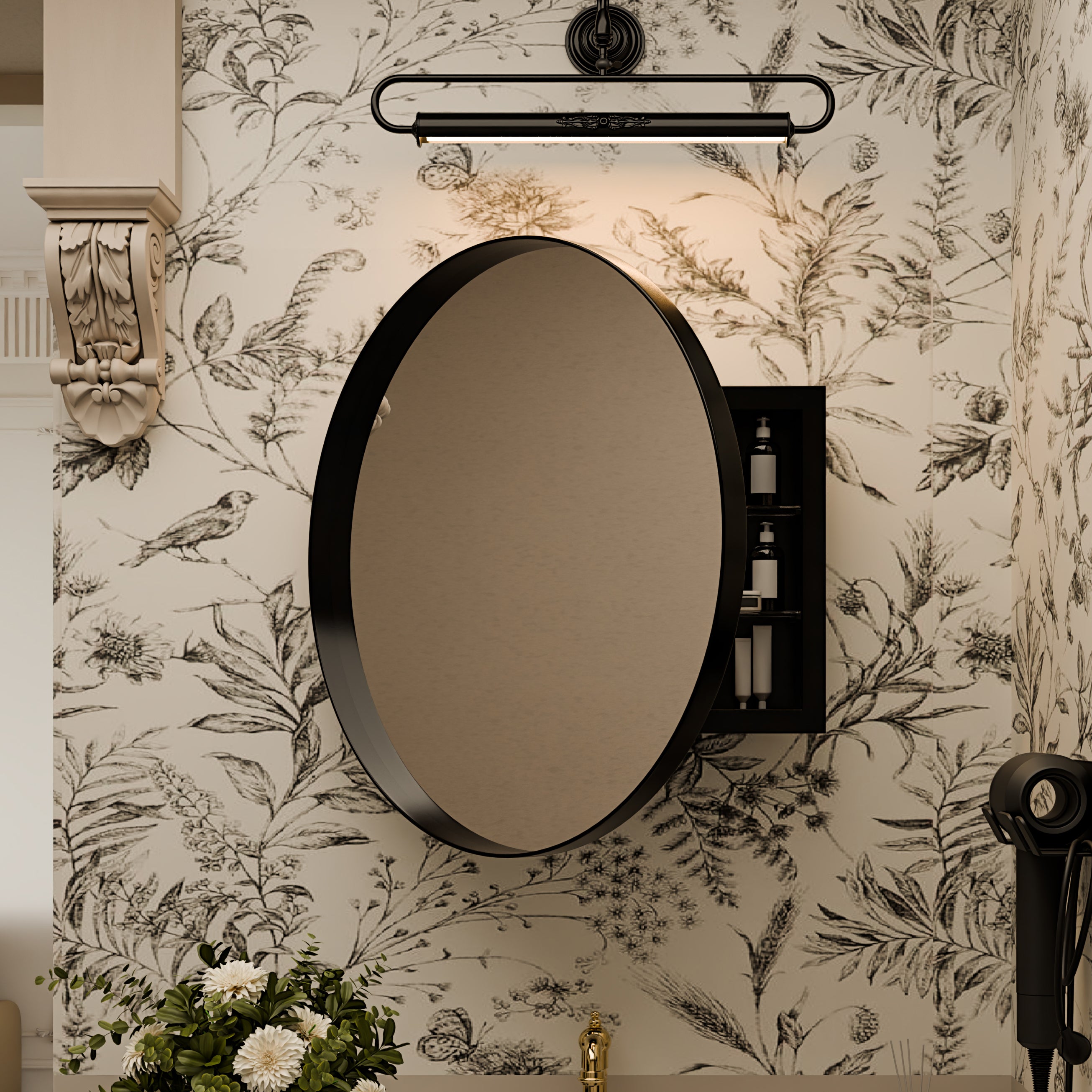 23.6 Inch Surface Mount Round Metal Framed Medicine Cabinet with Mirror and Adjustable Shelves Black Wall Mirror with Storage for Bathroom, Black