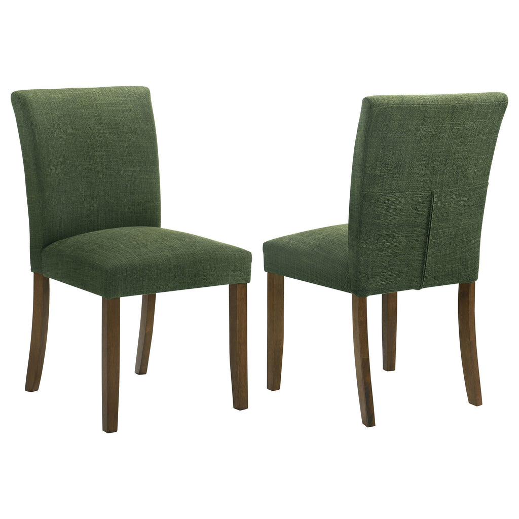 Conifer Green Upholstered Dining Side Chair Set of 2: Modern Armless Design with Curved Back Support, Green Fabric on Brown Wood Legs