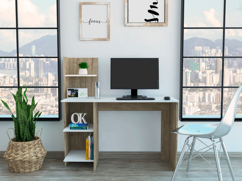 White and Pine 4-Shelf Writing Desk