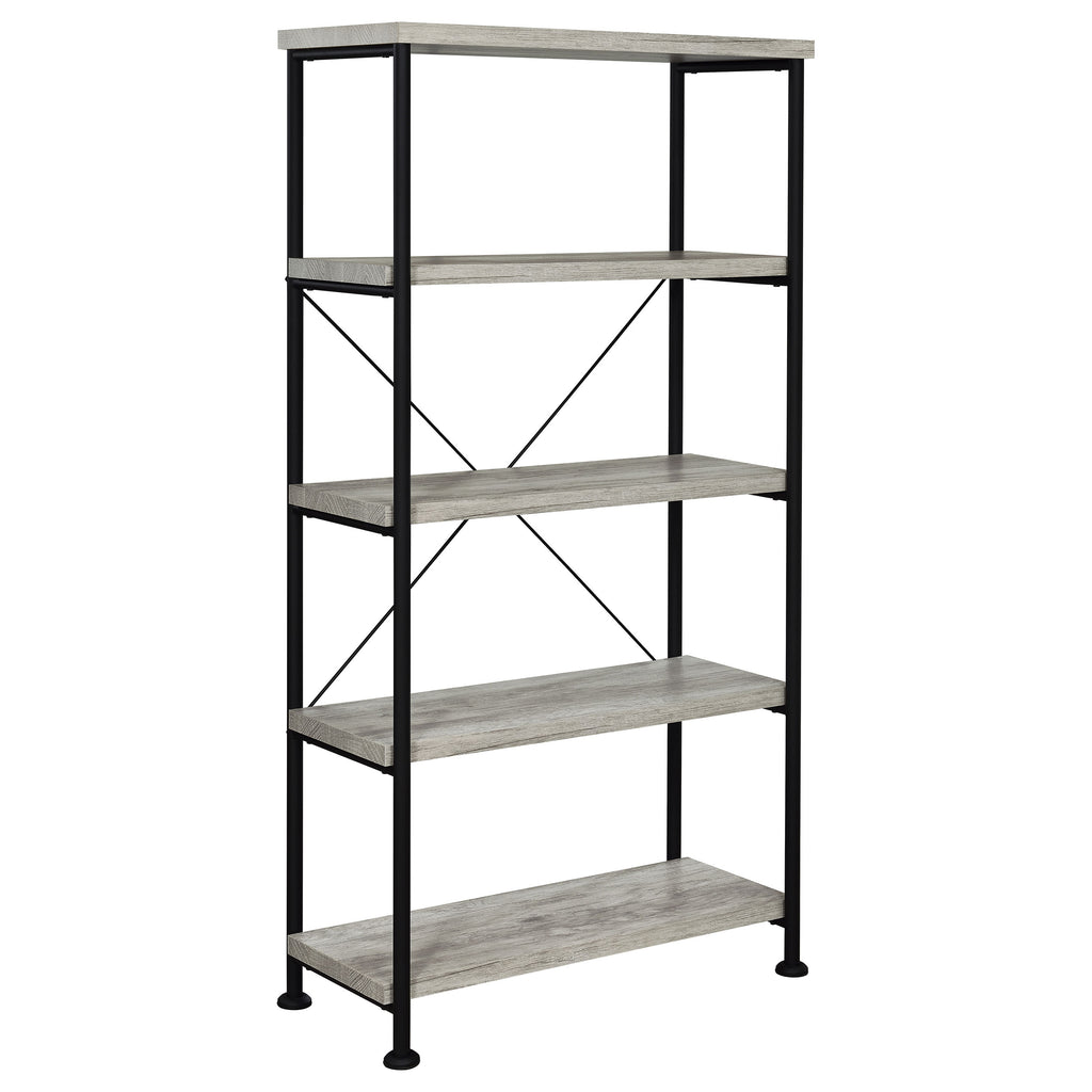 Grey Driftwood 4-Shelf Bookcase: Modern Industrial Storage with Wood and Metal Finish, 63in H x 31.5in W x 14.25in D