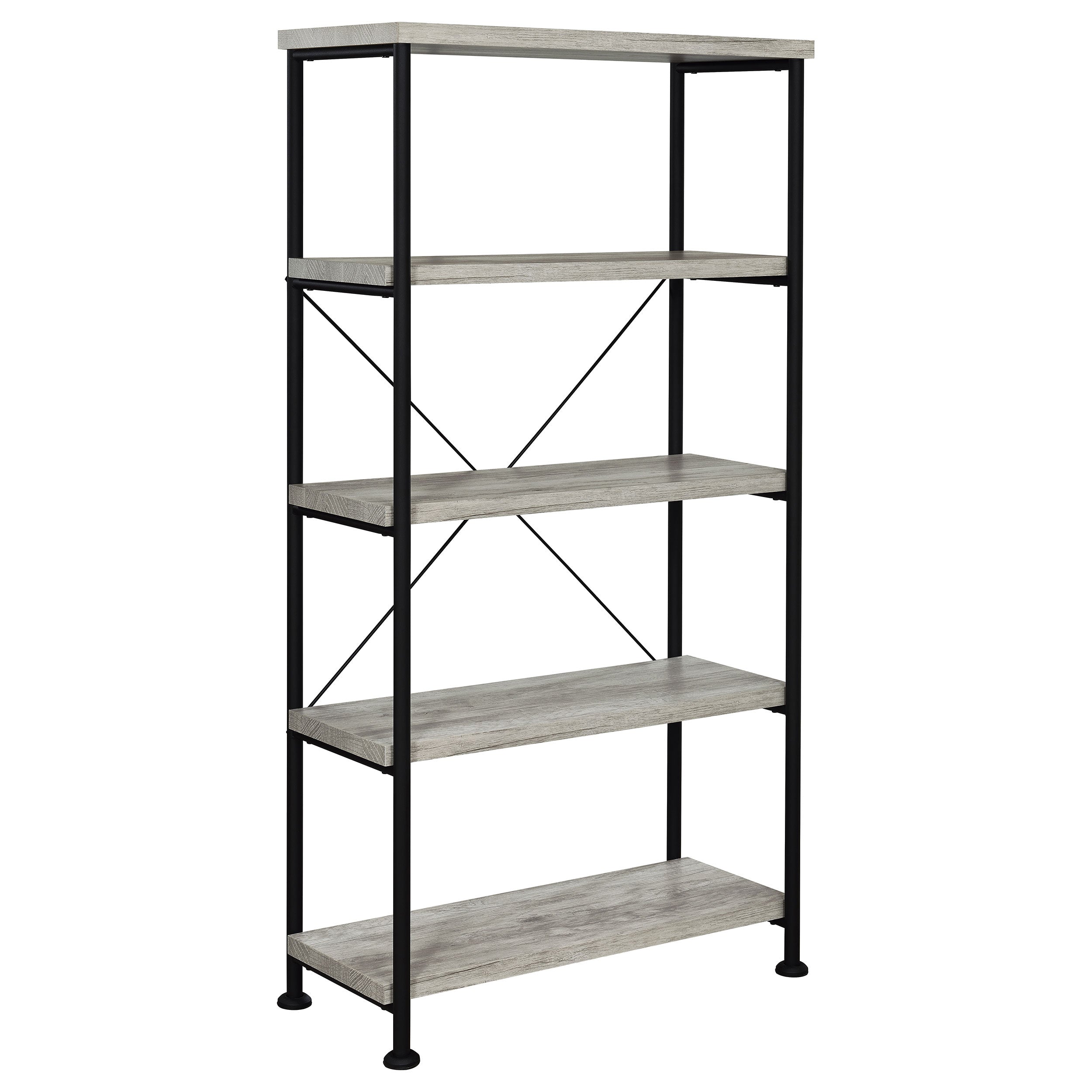 Grey Driftwood 4-Shelf Bookcase: Modern Industrial Storage with Wood and Metal Finish, 63in H x 31.5in W x 14.25in D