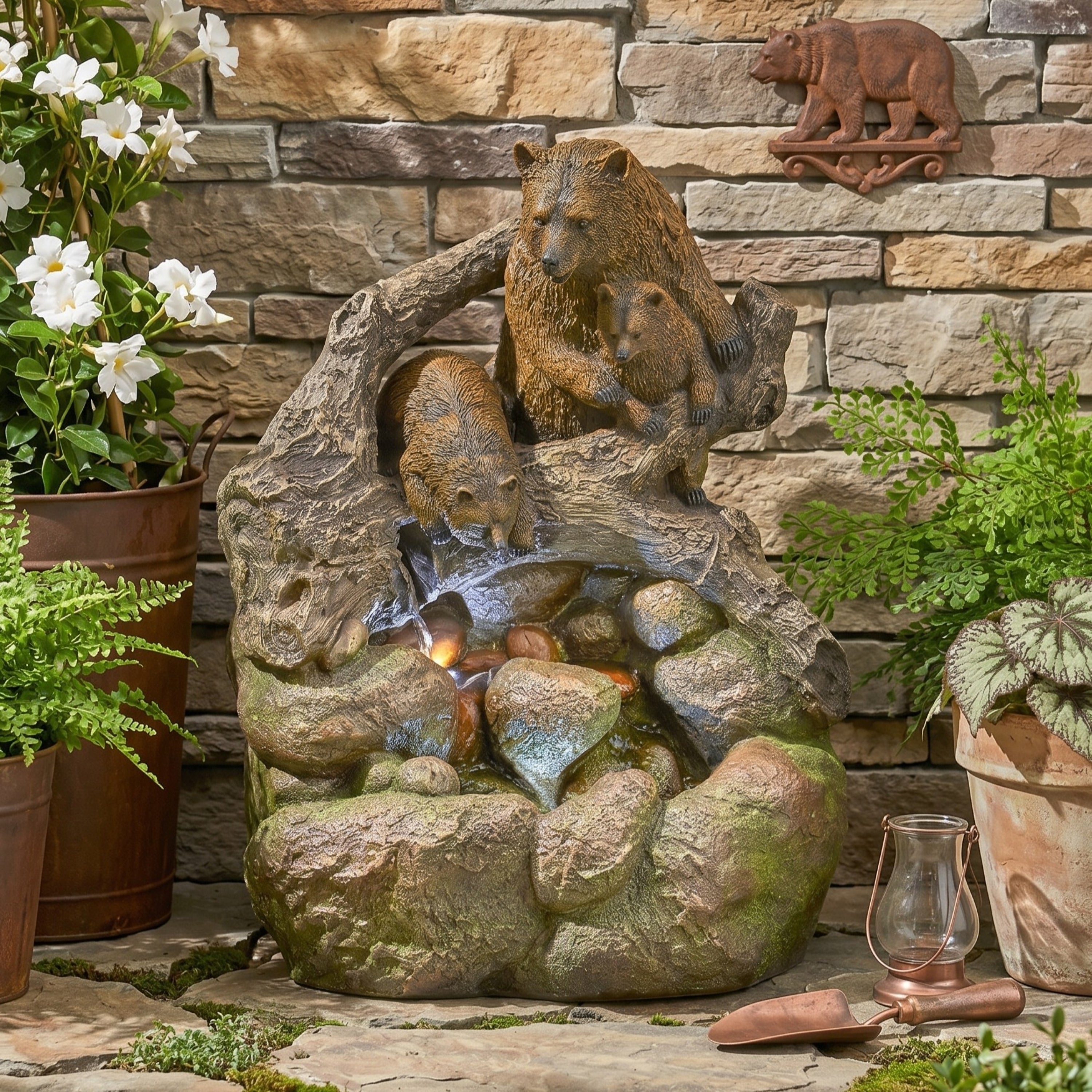 24.75' High CALLAN FOUNTAIN Weather Resistant Floor Fountain with Light, Light Brown + Moss