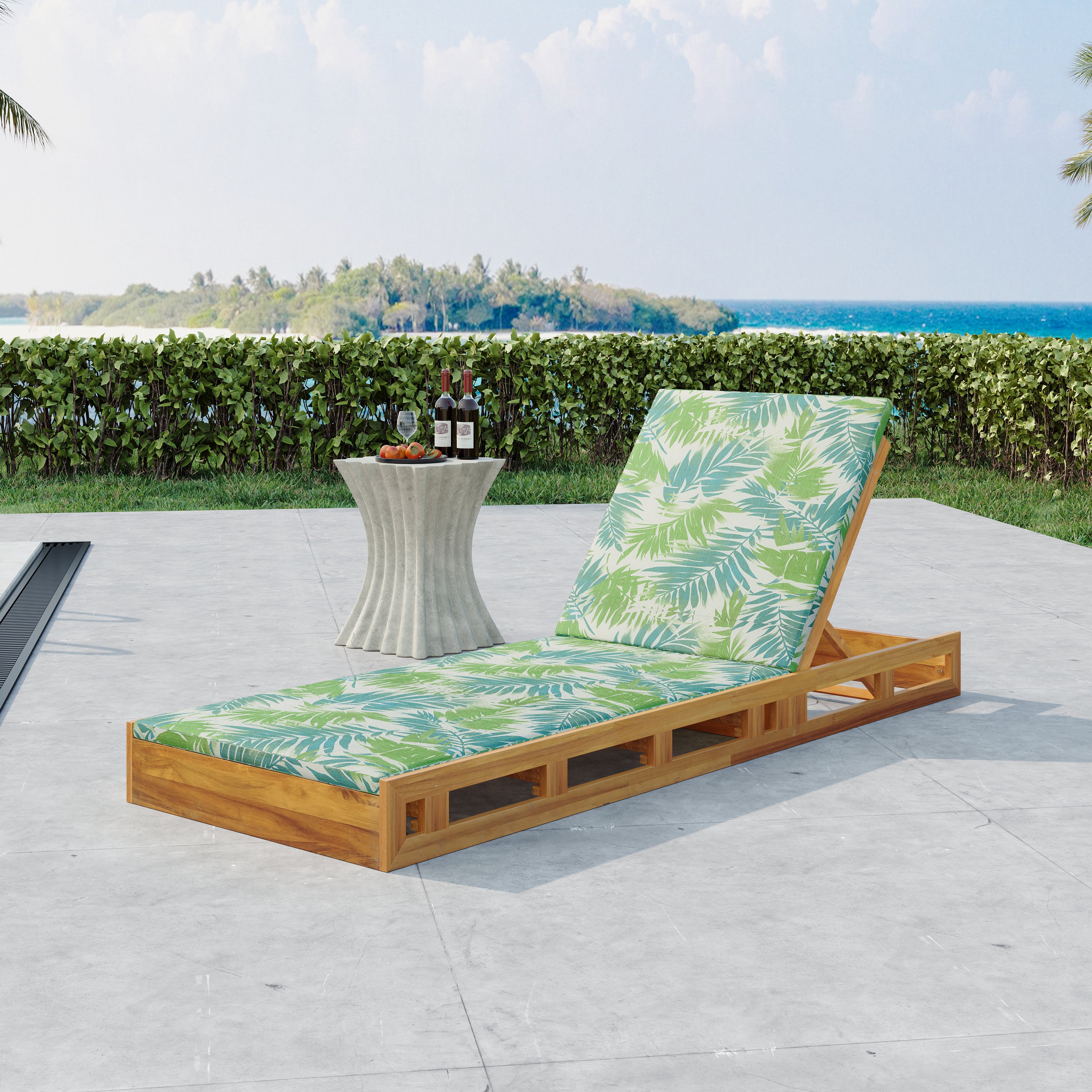 LOUNGE CHAISE SET, ACACIA WOOD WITH WATER-RESISTANT LOUNGE CUSHIONS (LEAF COCONUT & 2 INCH THICK) - MATCHING CREAM/Dark Grey  VERSION AVAILABLE