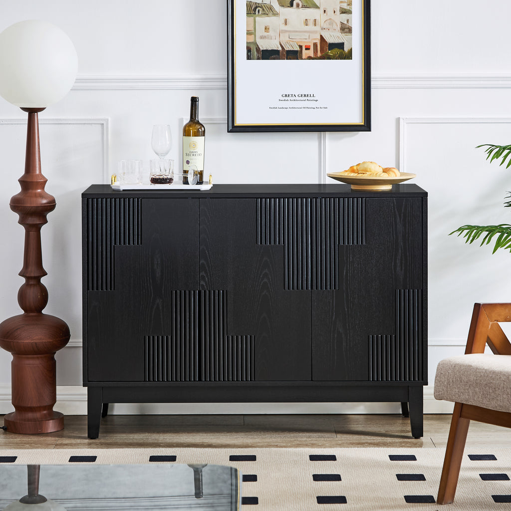 44.3'' Mid Century Modern Buffet Cabinet with Storage, Farmhouse Sideboard with Vertical-stripe Patchwork Design & Adjustable Shelves, TV Stand for Living Room Kitchen Dining Room Entryway, Black