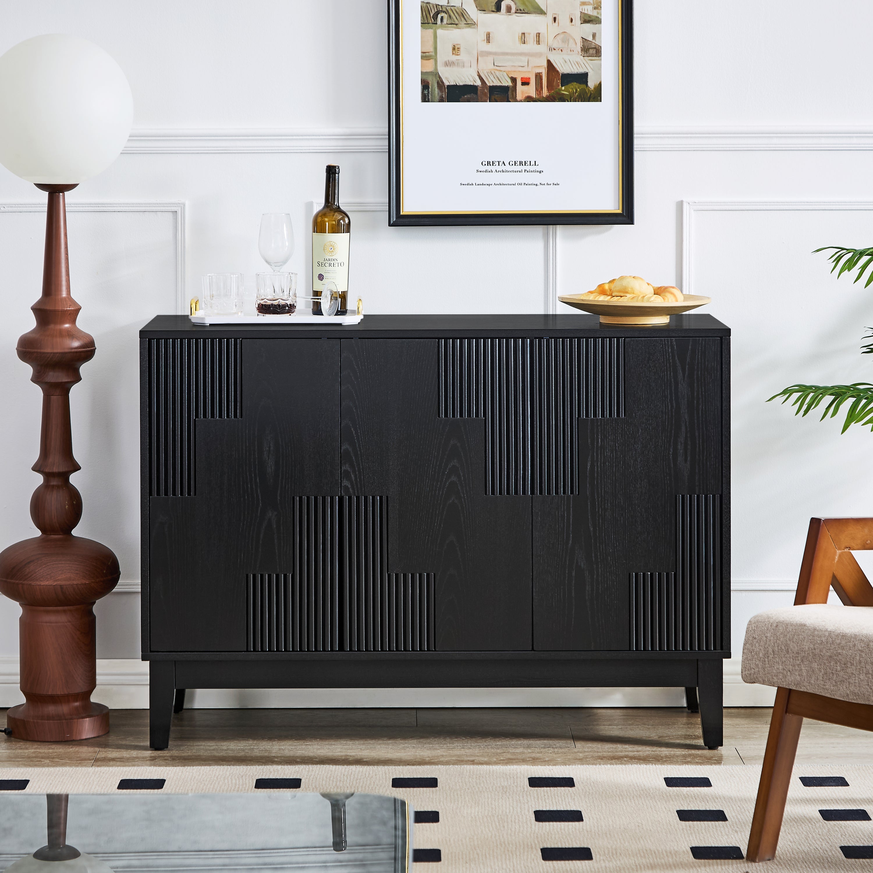 44.3'' Mid Century Modern Buffet Cabinet with Storage, Farmhouse Sideboard with Vertical-stripe Patchwork Design & Adjustable Shelves, TV Stand for Living Room Kitchen Dining Room Entryway, Black