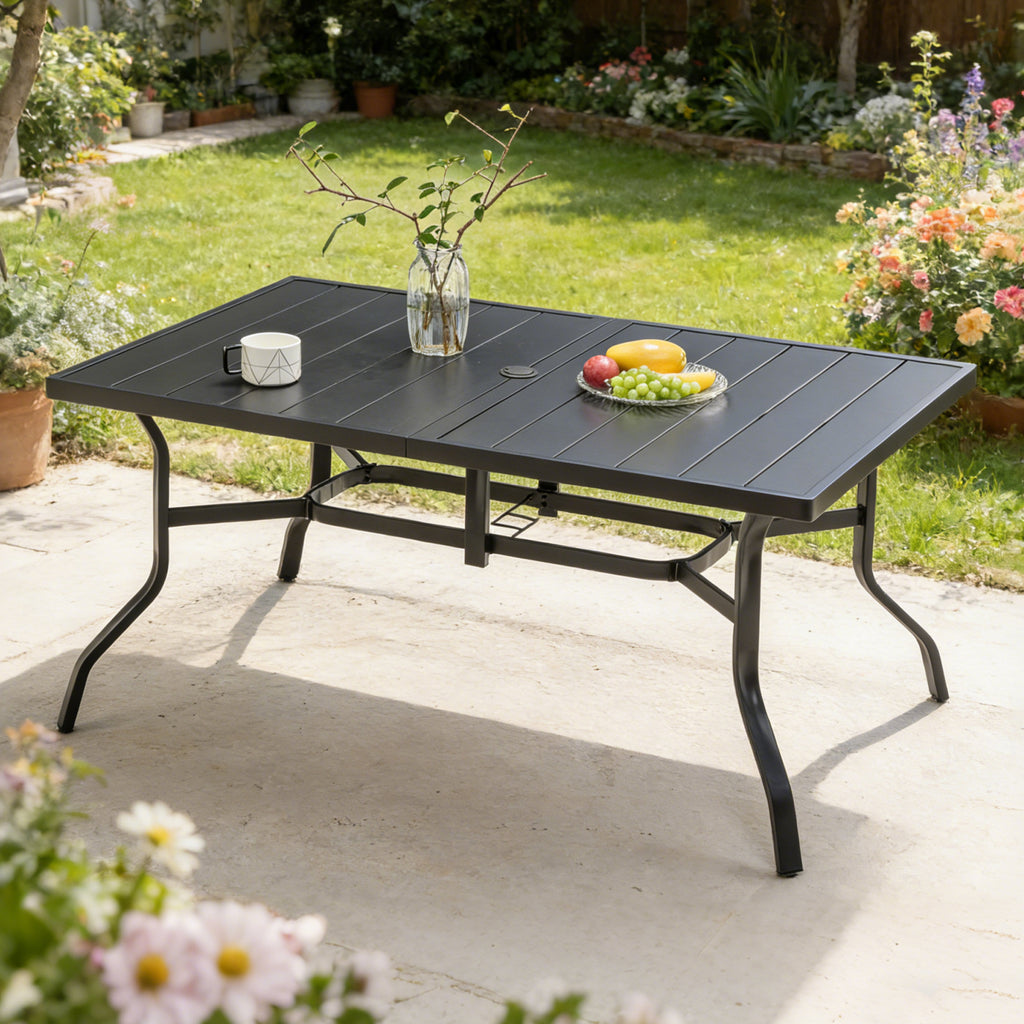 Outdoor Dining Table for 6, Powder-Coated Steel Slat Top with 2.16' Umbrella Hole, Anti-Slip Pads, E-Coating Frame, All-Weather Black Patio Table for Garden, Poolside, Backyard