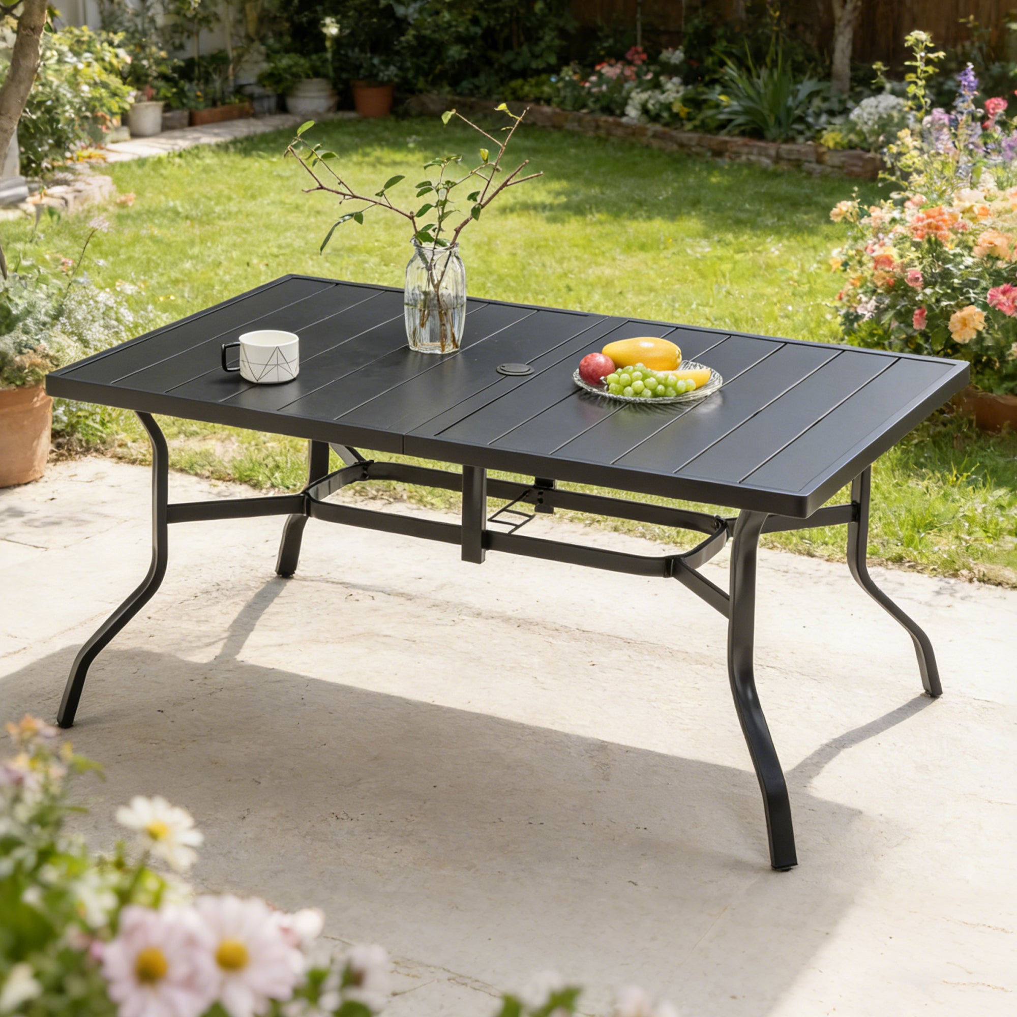 Outdoor Dining Table for 6, Powder-Coated Steel Slat Top with 2.16' Umbrella Hole, Anti-Slip Pads, E-Coating Frame, All-Weather Black Patio Table for Garden, Poolside, Backyard