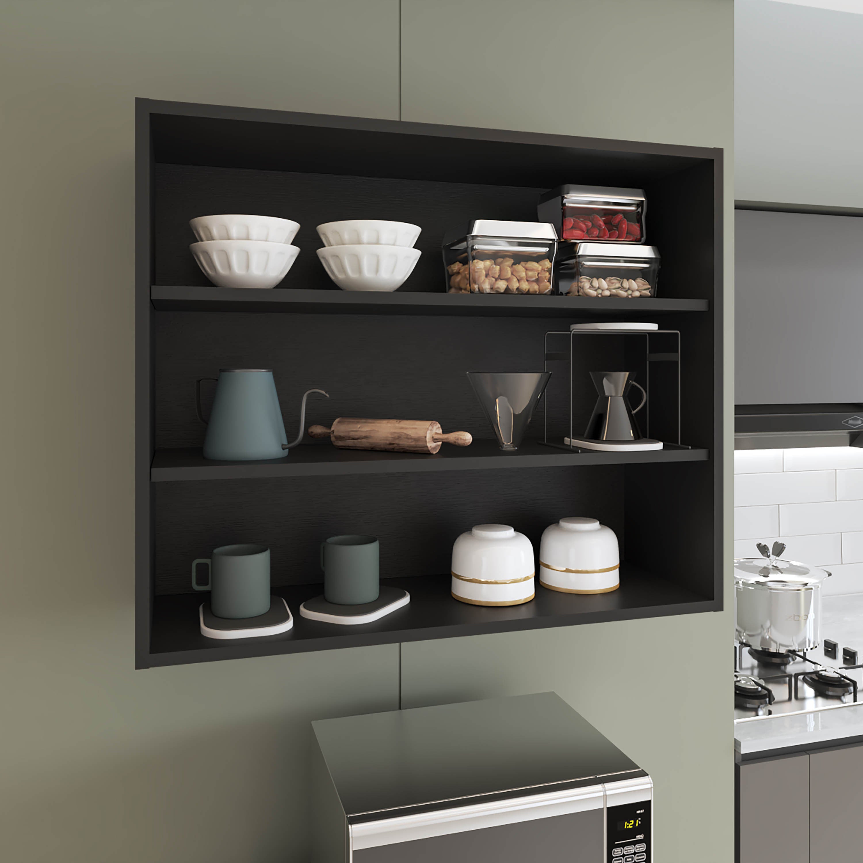 Wally 36' Wide x 30'H 3-Tier Open Wall Cabinet, Wall Shelf, Storage Cabinet, Cube Shelf Bedroom, Office, Living Room, Garage Black