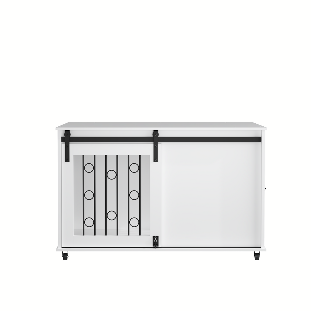 Modern White Wooden Dog Crate with Sliding Barn Door and Side Access, Durable MDF Pet Kennel with Metal Bars and Lockable Wheels for Small to Medium Dogs