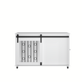 Modern White Wooden Dog Crate with Sliding Barn Door and Side Access, Durable MDF Pet Kennel with Metal Bars and Lockable Wheels for Small to Medium Dogs