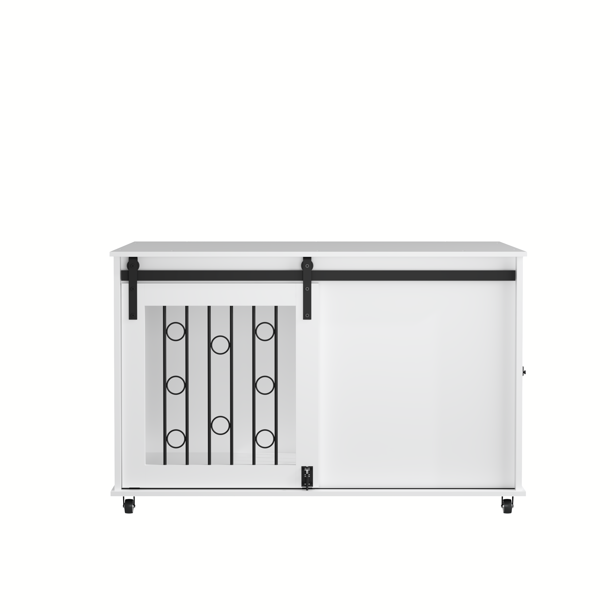 Modern White Wooden Dog Crate with Sliding Barn Door and Side Access, Durable MDF Pet Kennel with Metal Bars and Lockable Wheels for Small to Medium Dogs