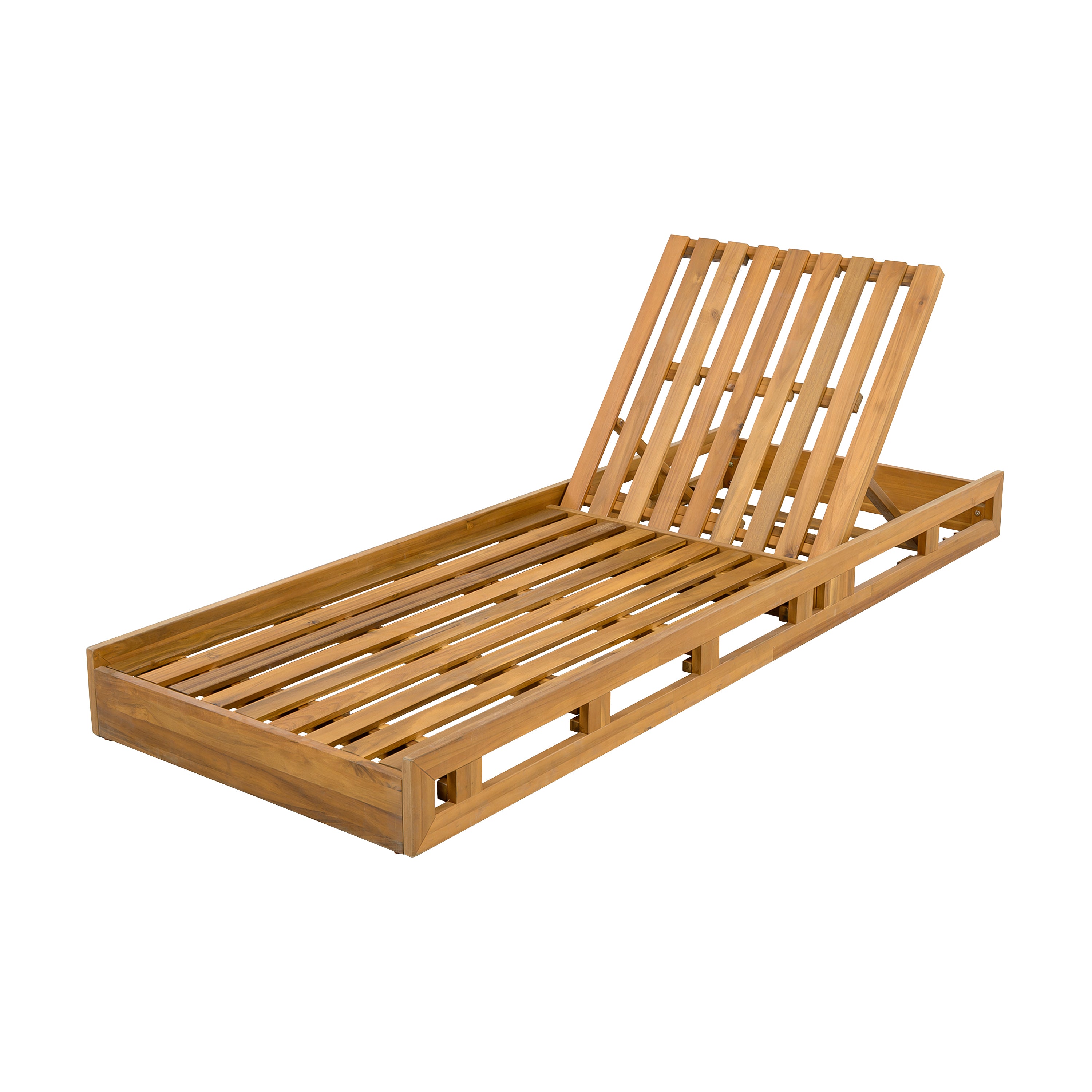 ACACIA WOOD ADJUSTABLE LOUNGE CHAIR, TEAK FINISH UNCUSHIONED PATIO CHAIR FOR BACKYARD POOL GARDEN