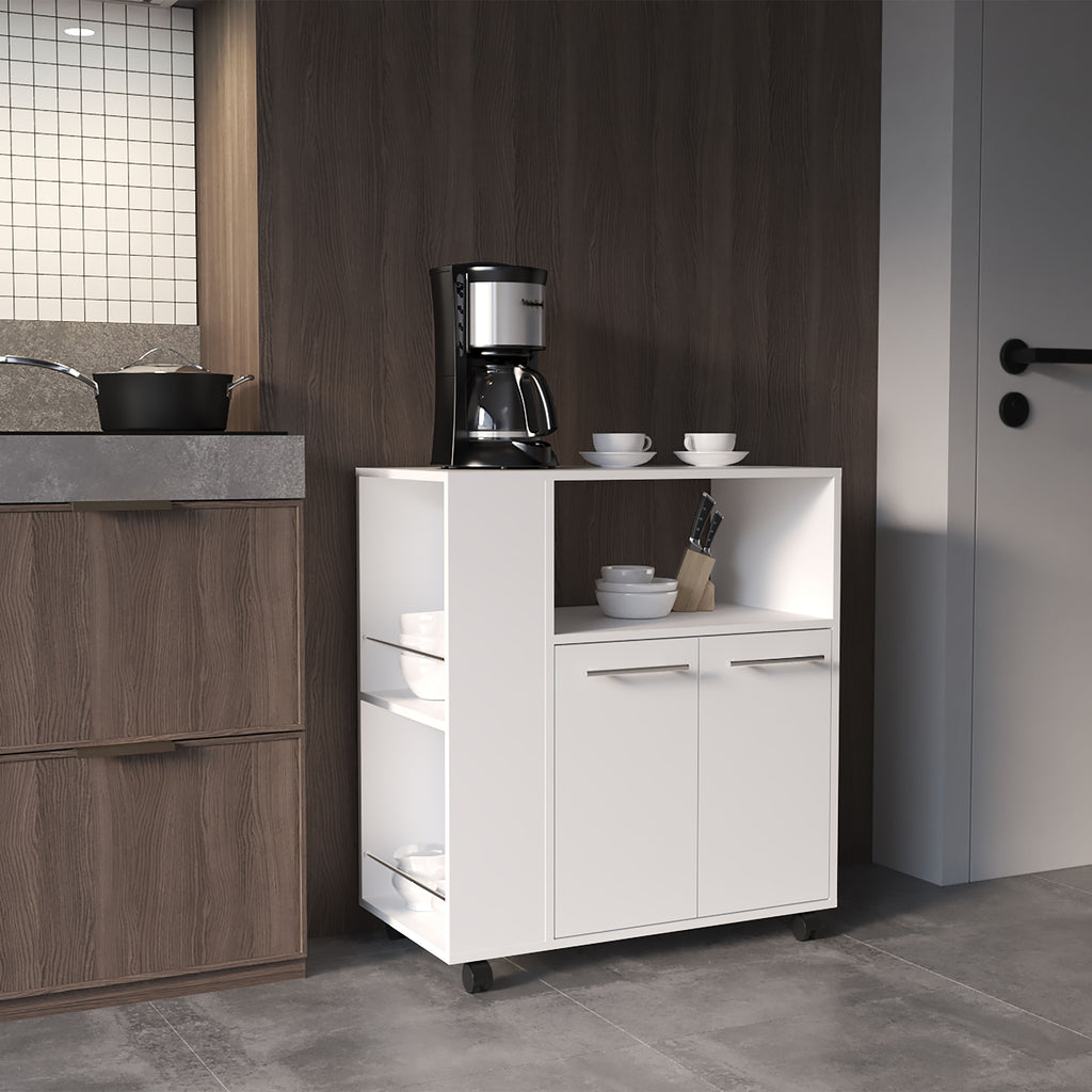 Eldon Two-Door Kitchen Base Cabinet Cart with four Shelves, Side Shelves, Cabinet, Kitchen Storage White